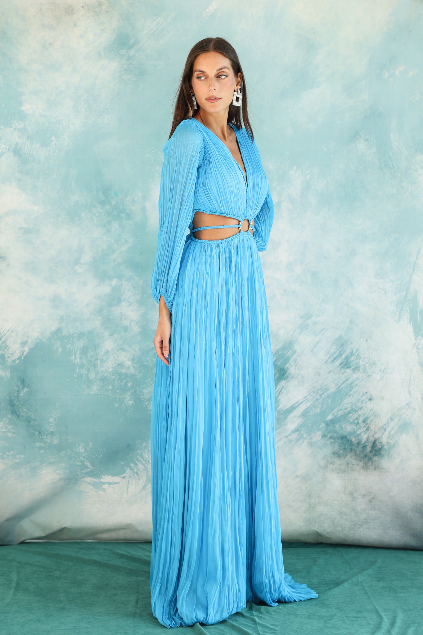 Long sleeve cut out dress in turquoise