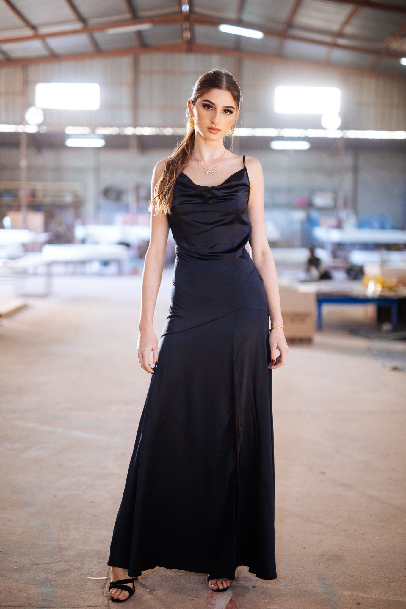 Satin long Dress with slit in Black