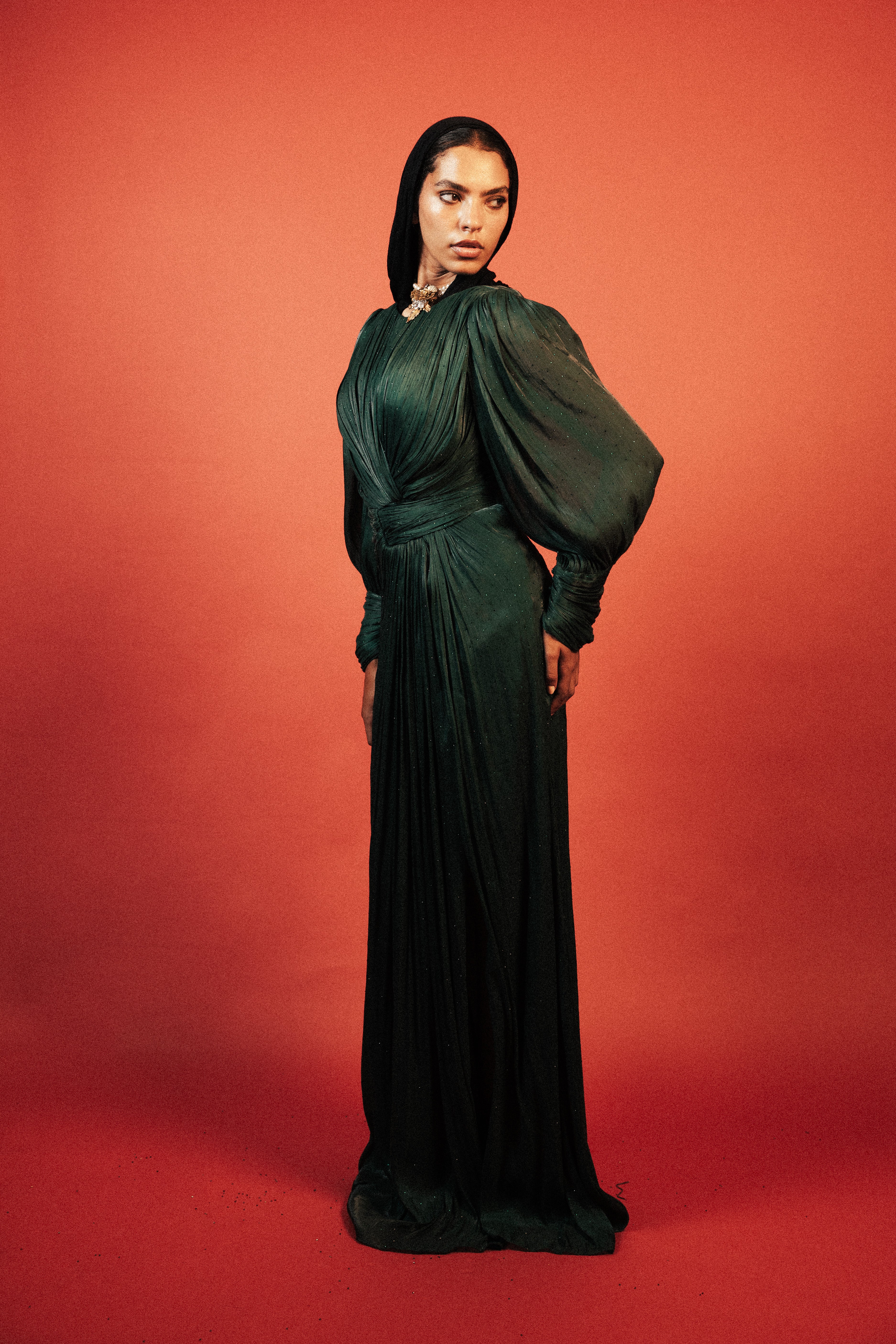 Long Sleeve Sequins Organza Long Dress in Dark Green