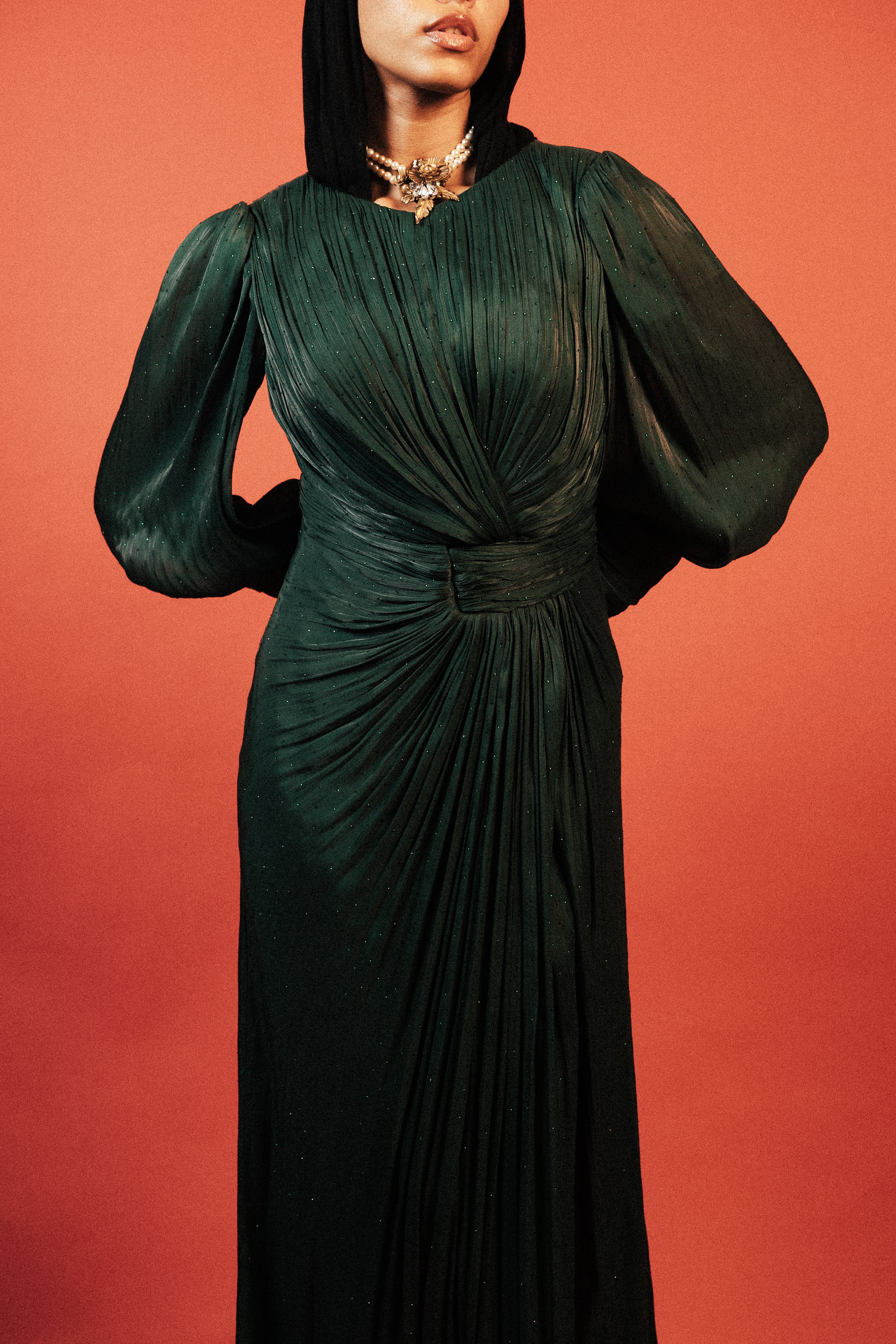 Long Sleeve Sequins Organza Long Dress in Dark Green
