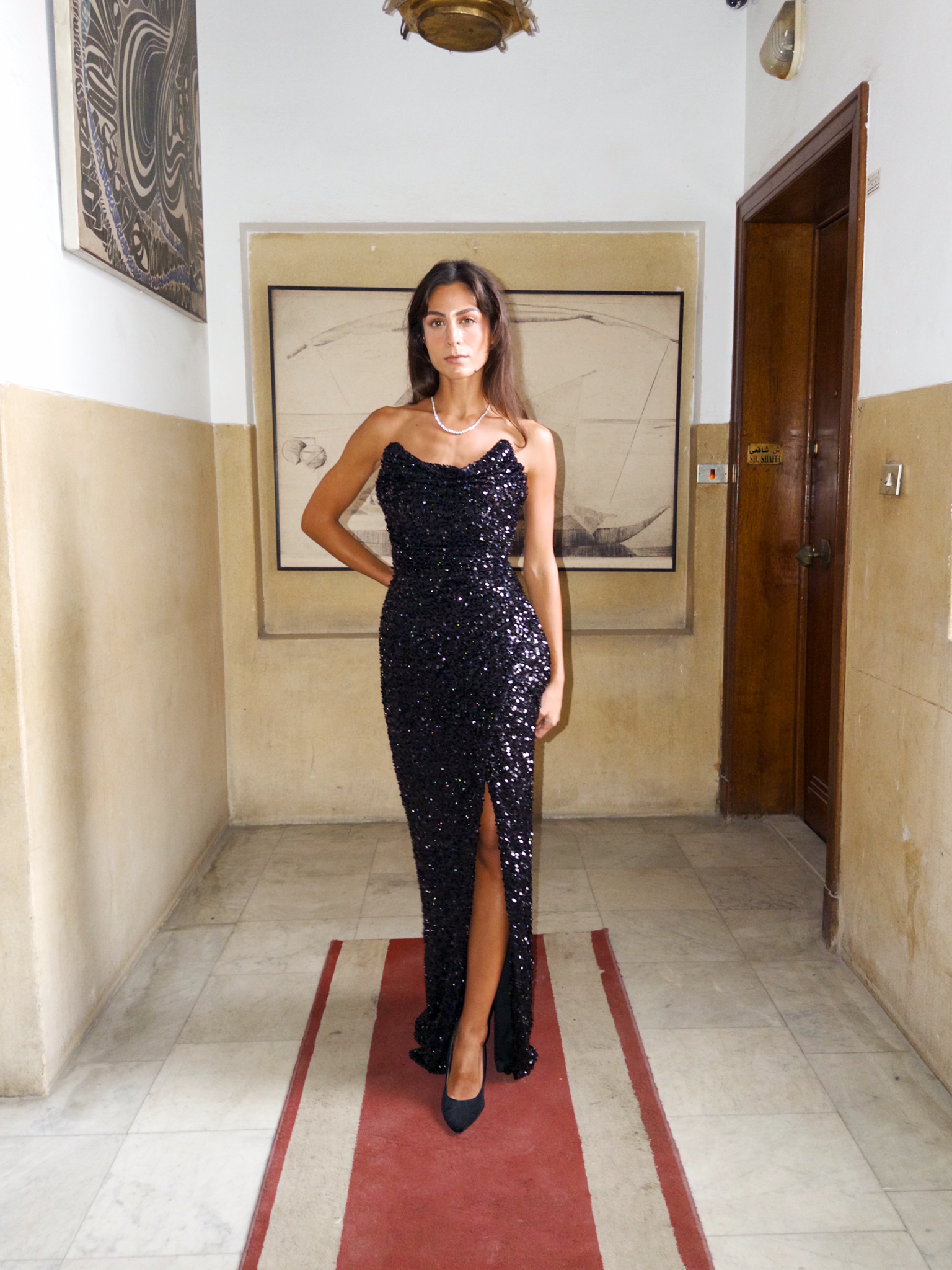 Strapless sequin long dress in black