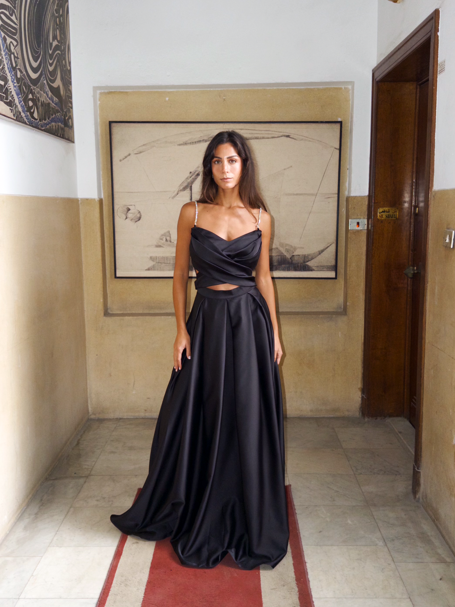 Satin Princess Dress with cut out in Black