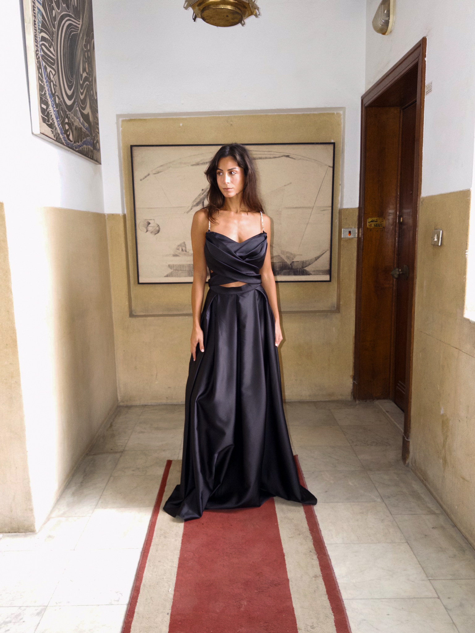 Satin Princess Dress with cut out in Black