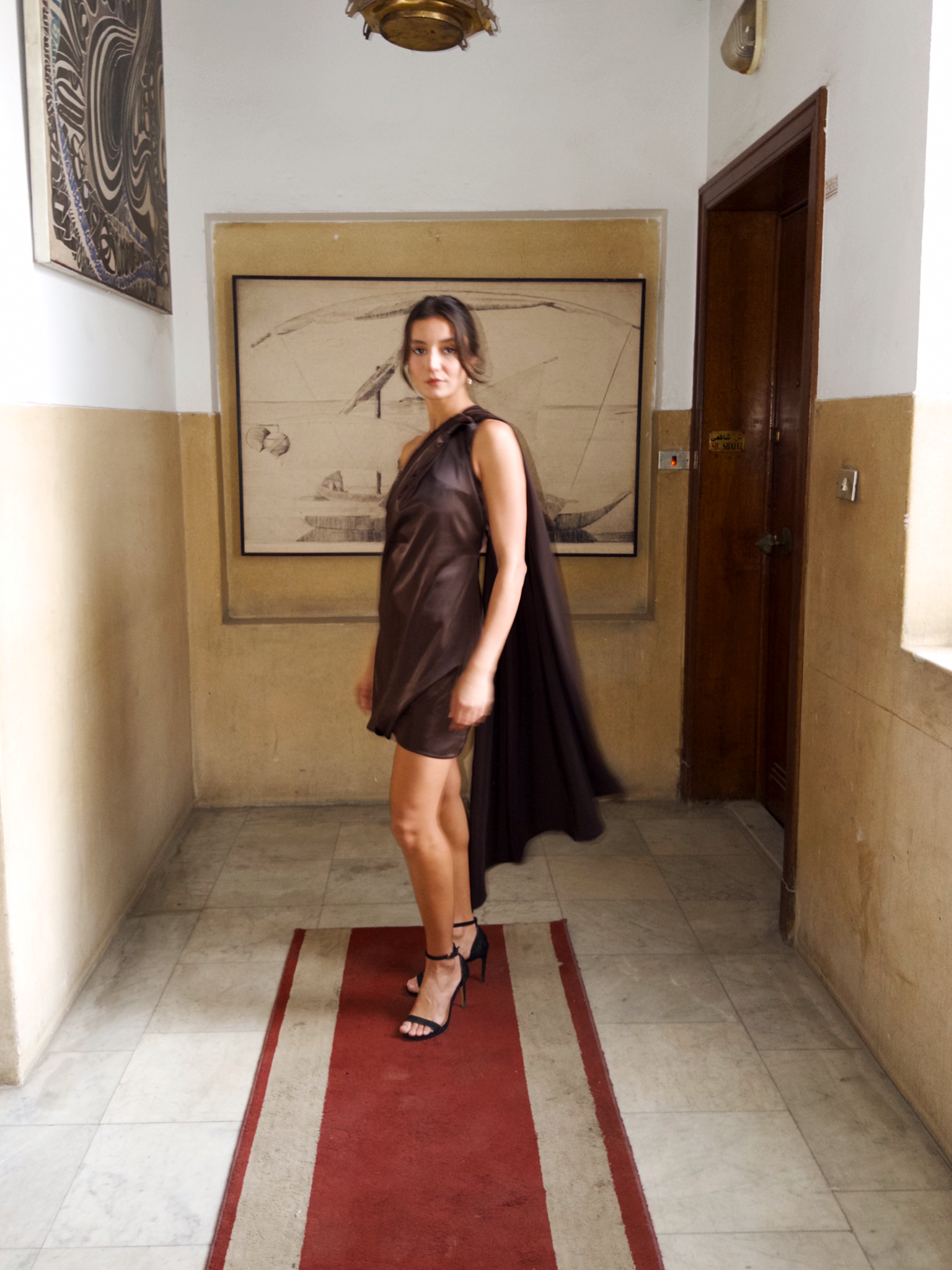 One Shoulder Short Satin Dress in Brown