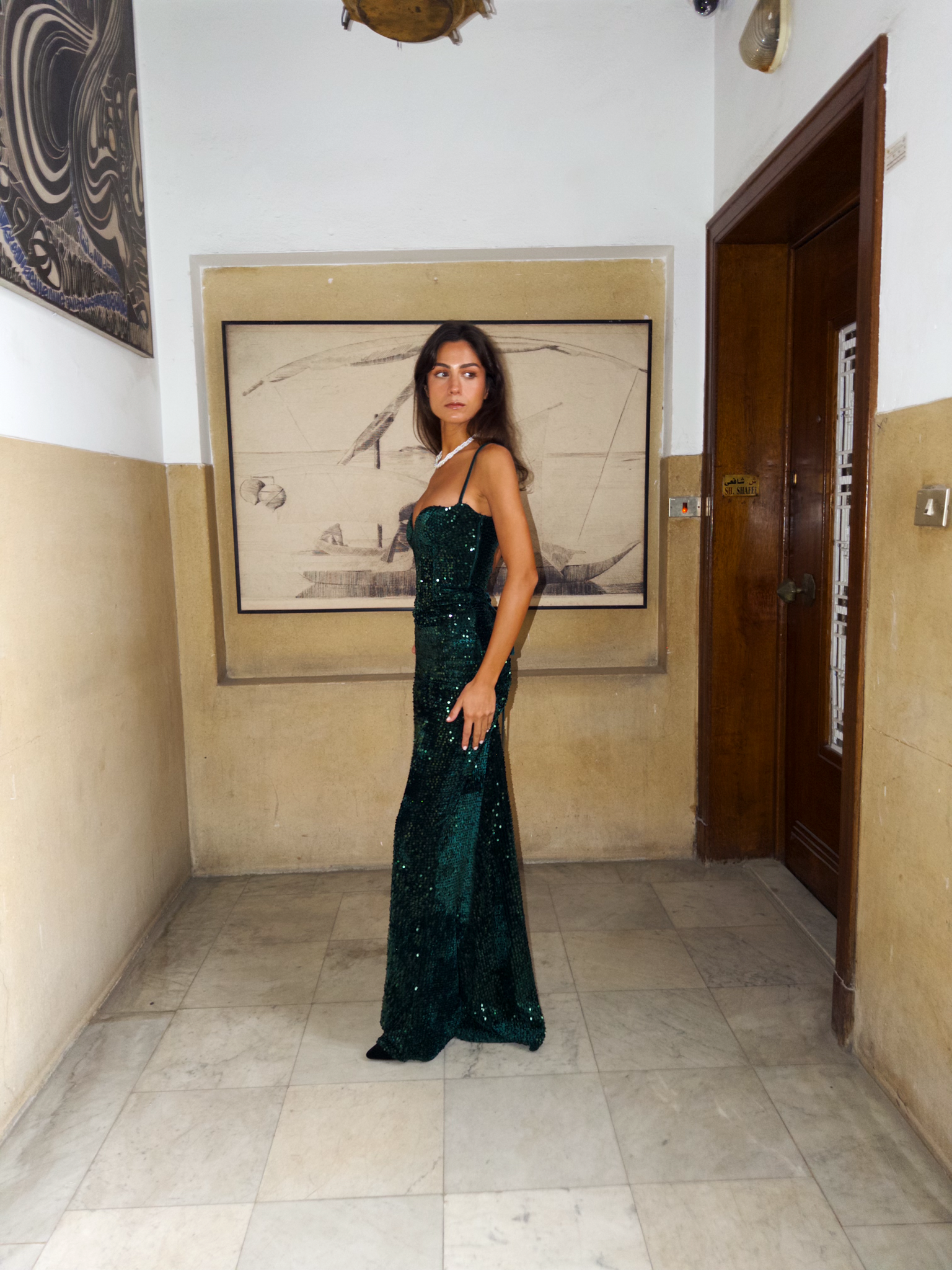 Strappy Velvet with Sequins Dress in Dark Green