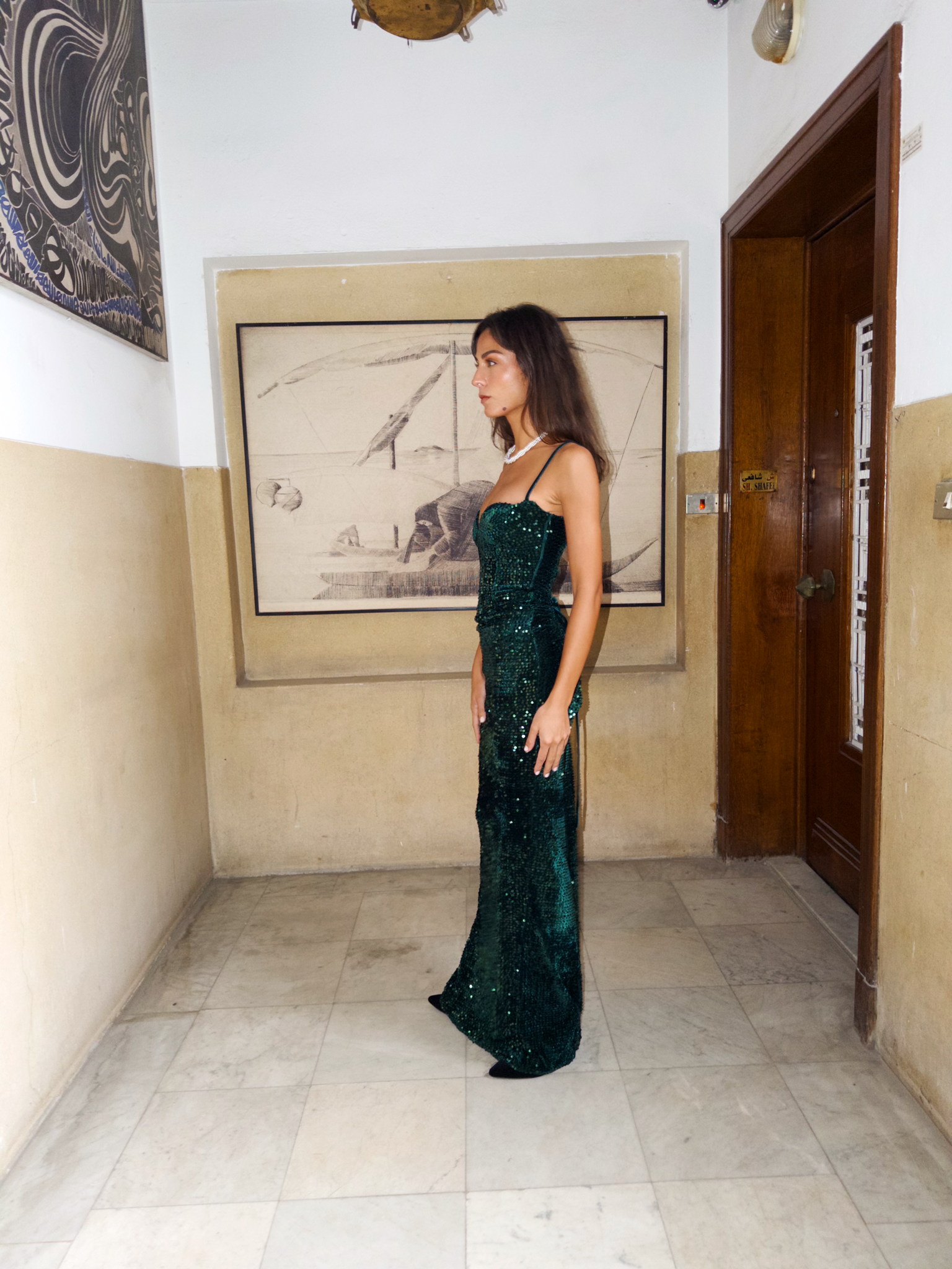 Strappy Velvet with Sequins Dress in Dark Green