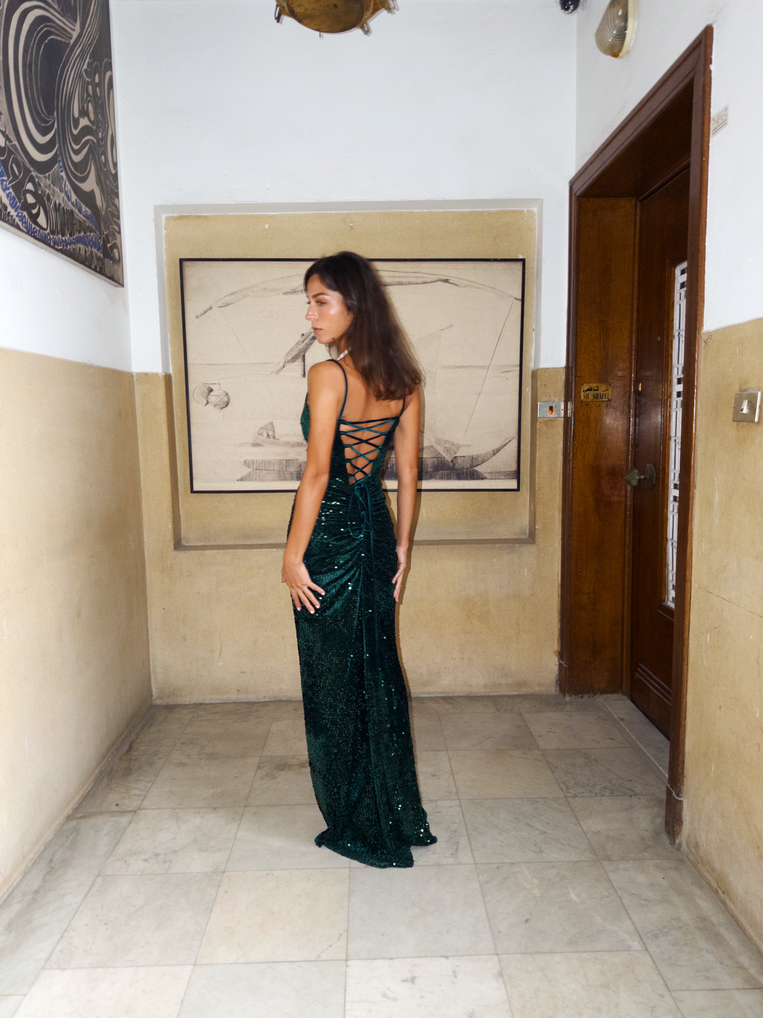 Strappy Velvet with Sequins Dress in Dark Green