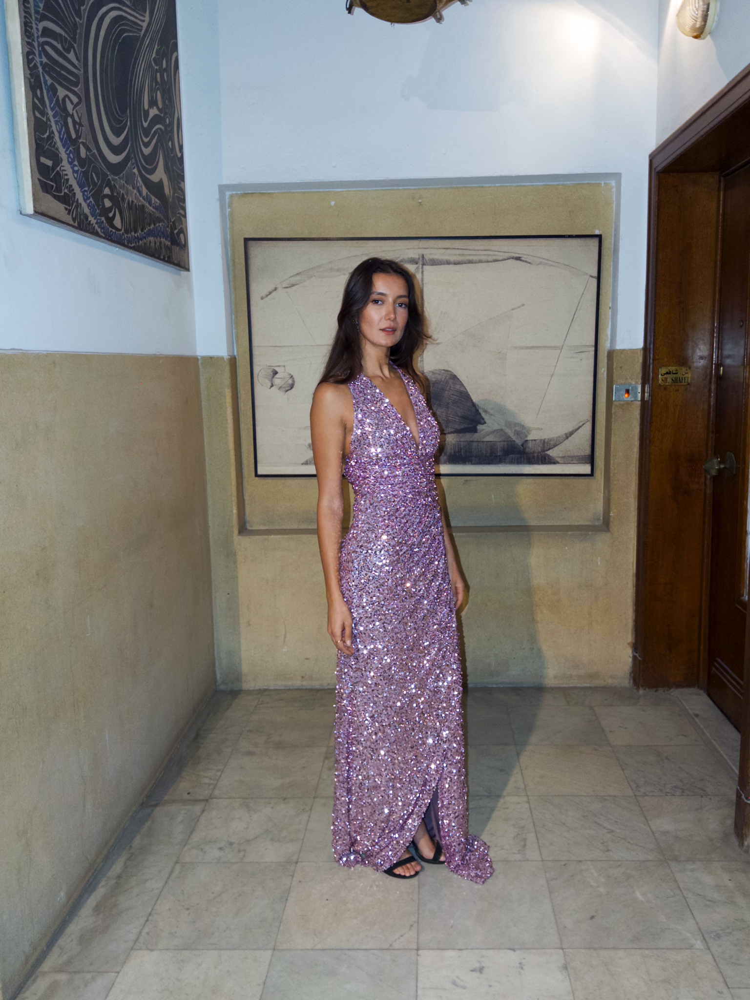 Sleeveless sequin long dress in pink