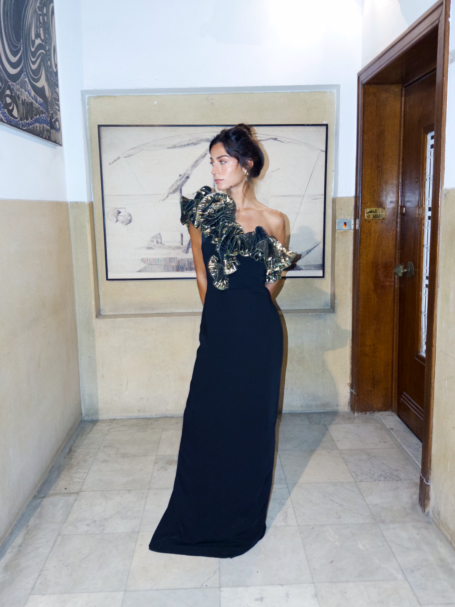 Black Dress with Golden Ruffles