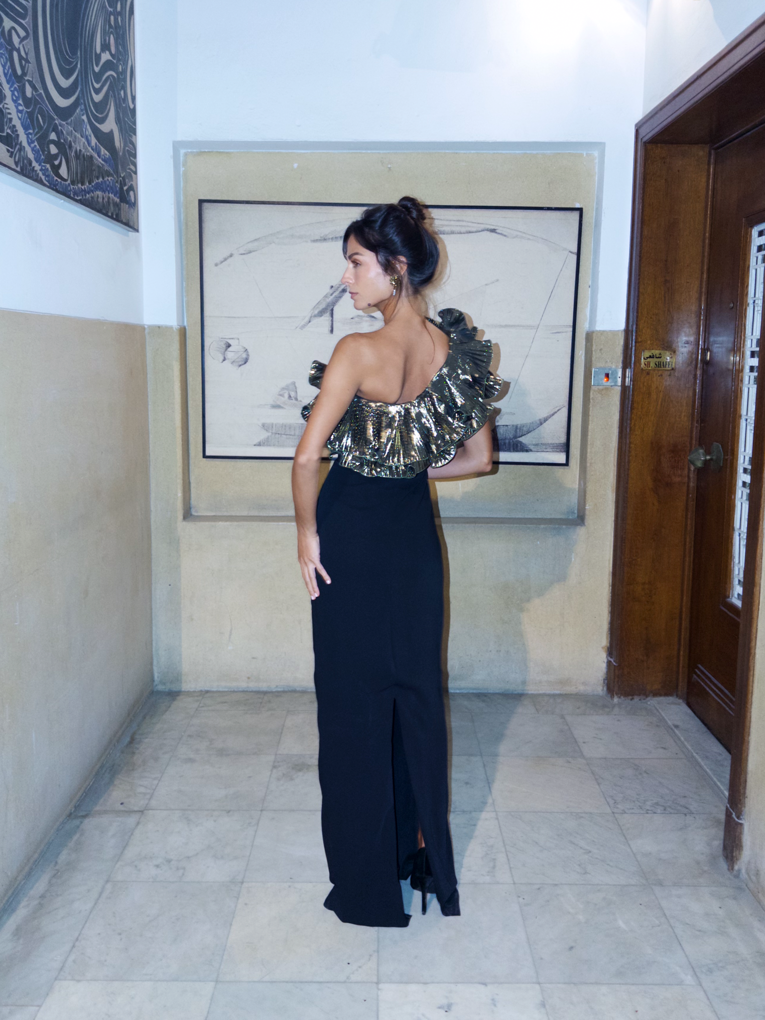 Black Dress with Golden Ruffles