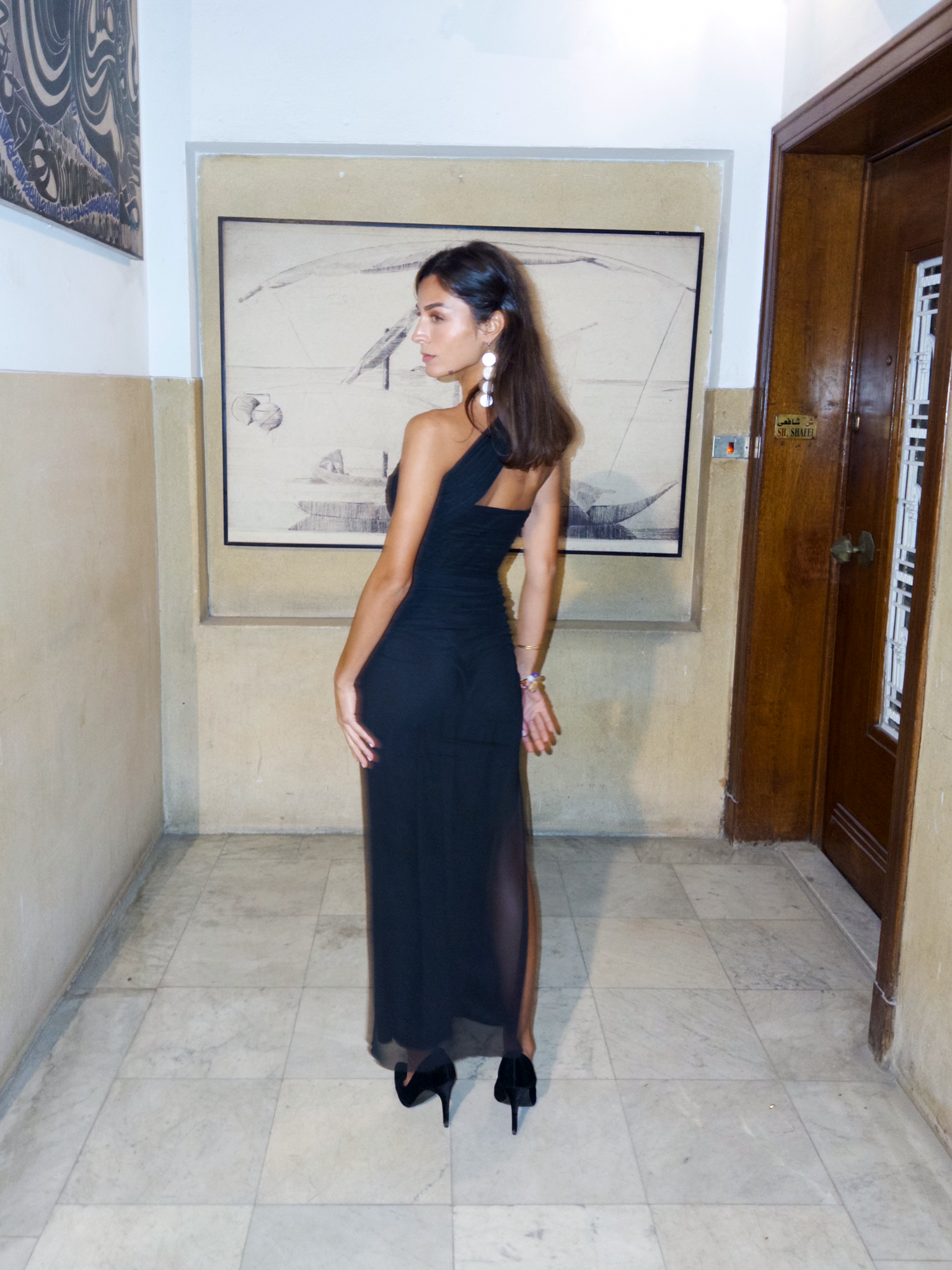 Elastic Tulle Dress with Stones in Black