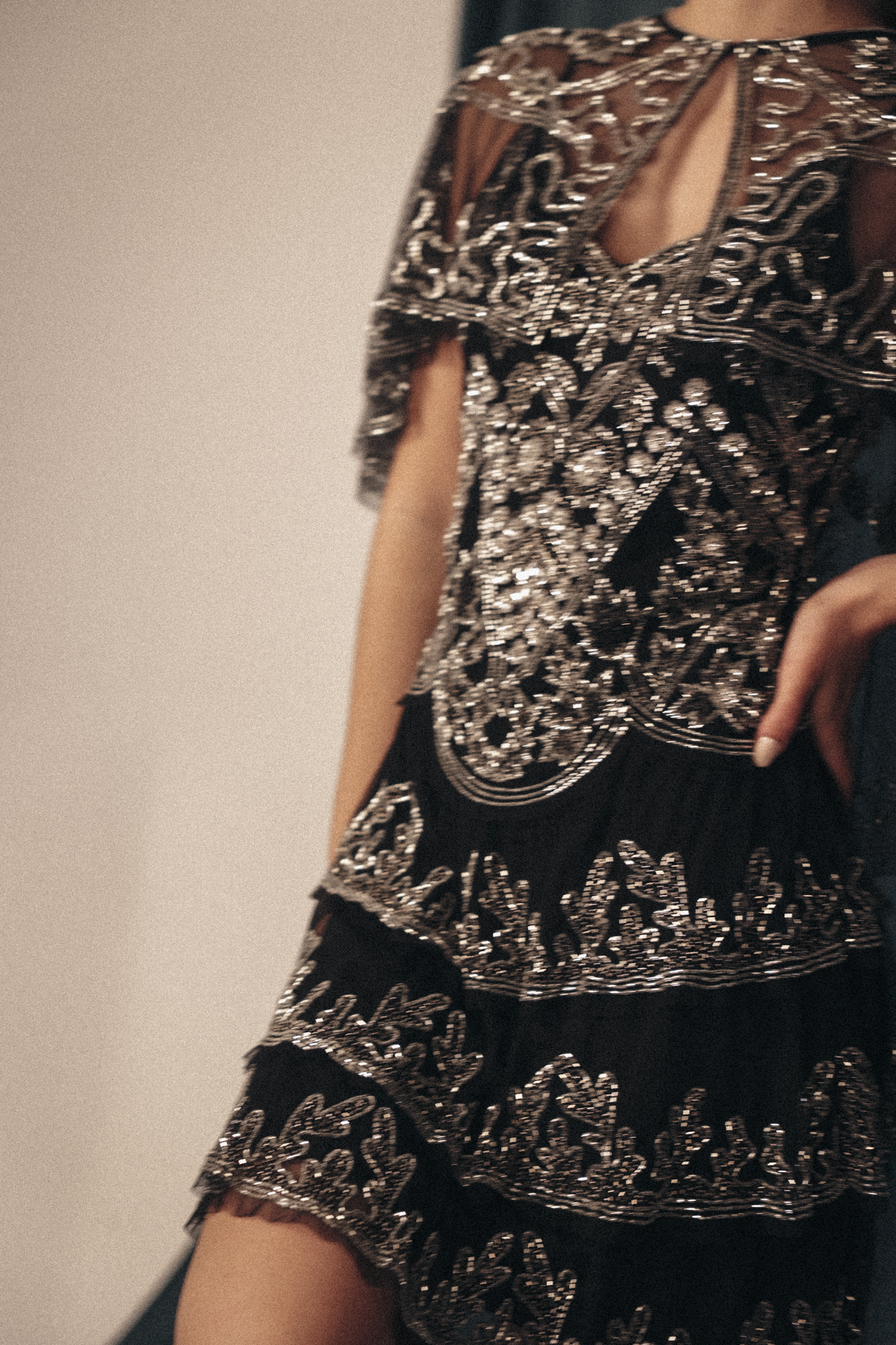 Short Beaded Dress with mini cape in black & silver