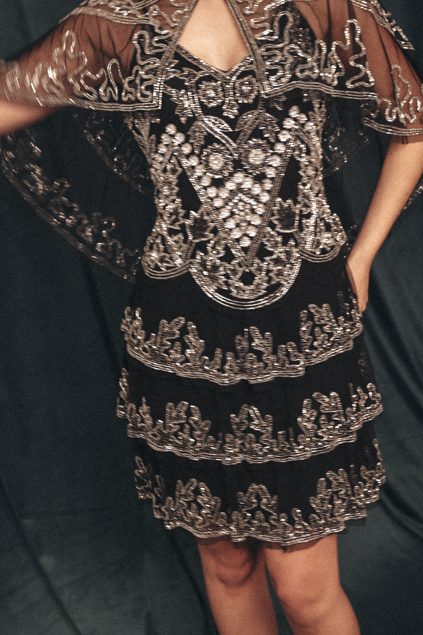 Short Beaded Dress with mini cape in black & silver