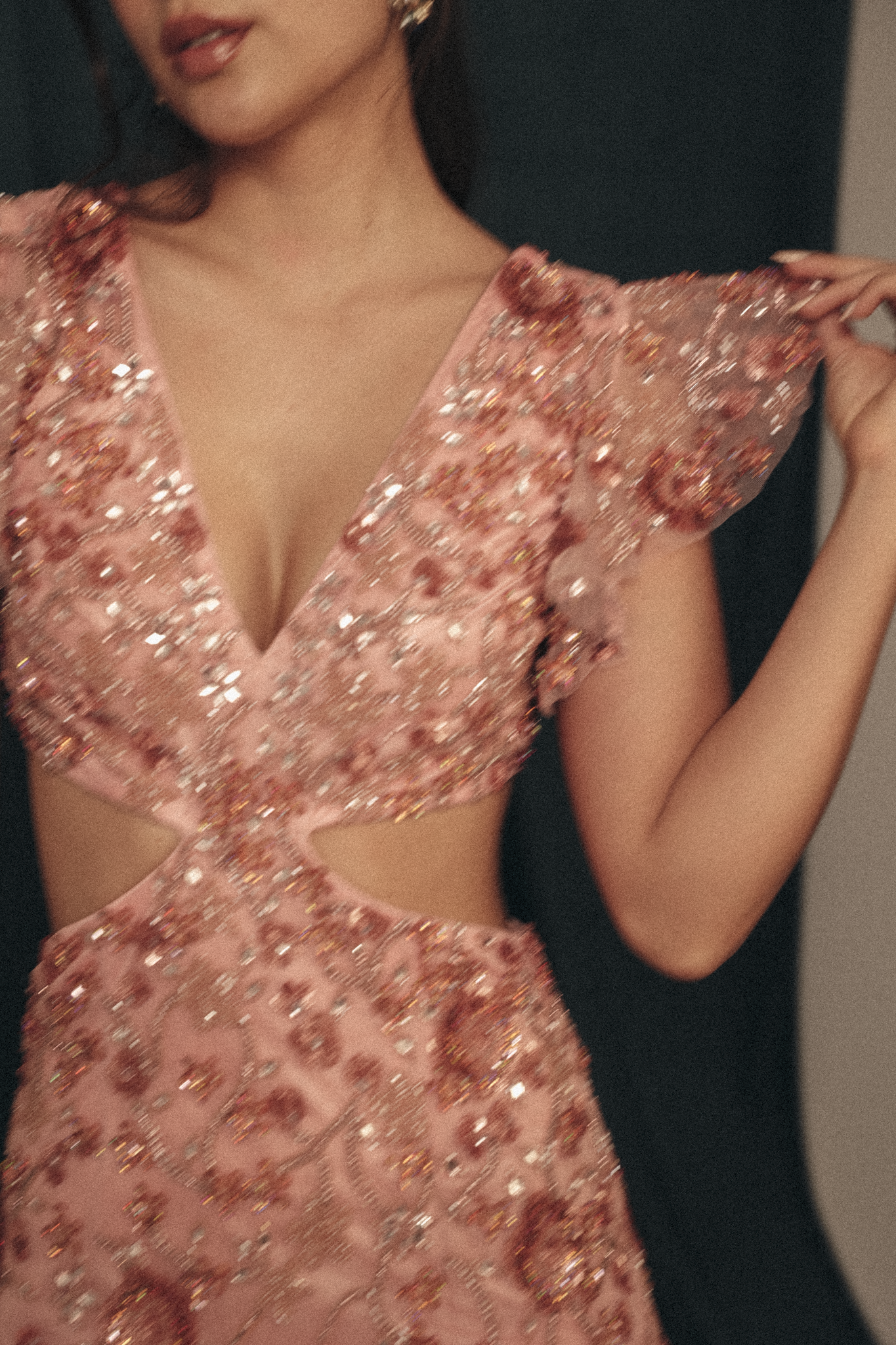 Beaded Cut out Ruffled Long Dress in Pink