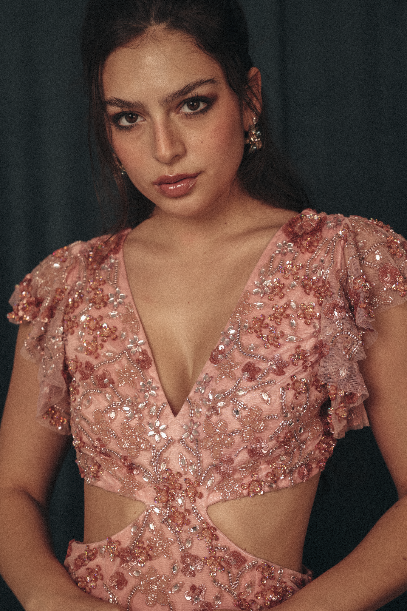 Beaded Cut out Ruffled Long Dress in Pink