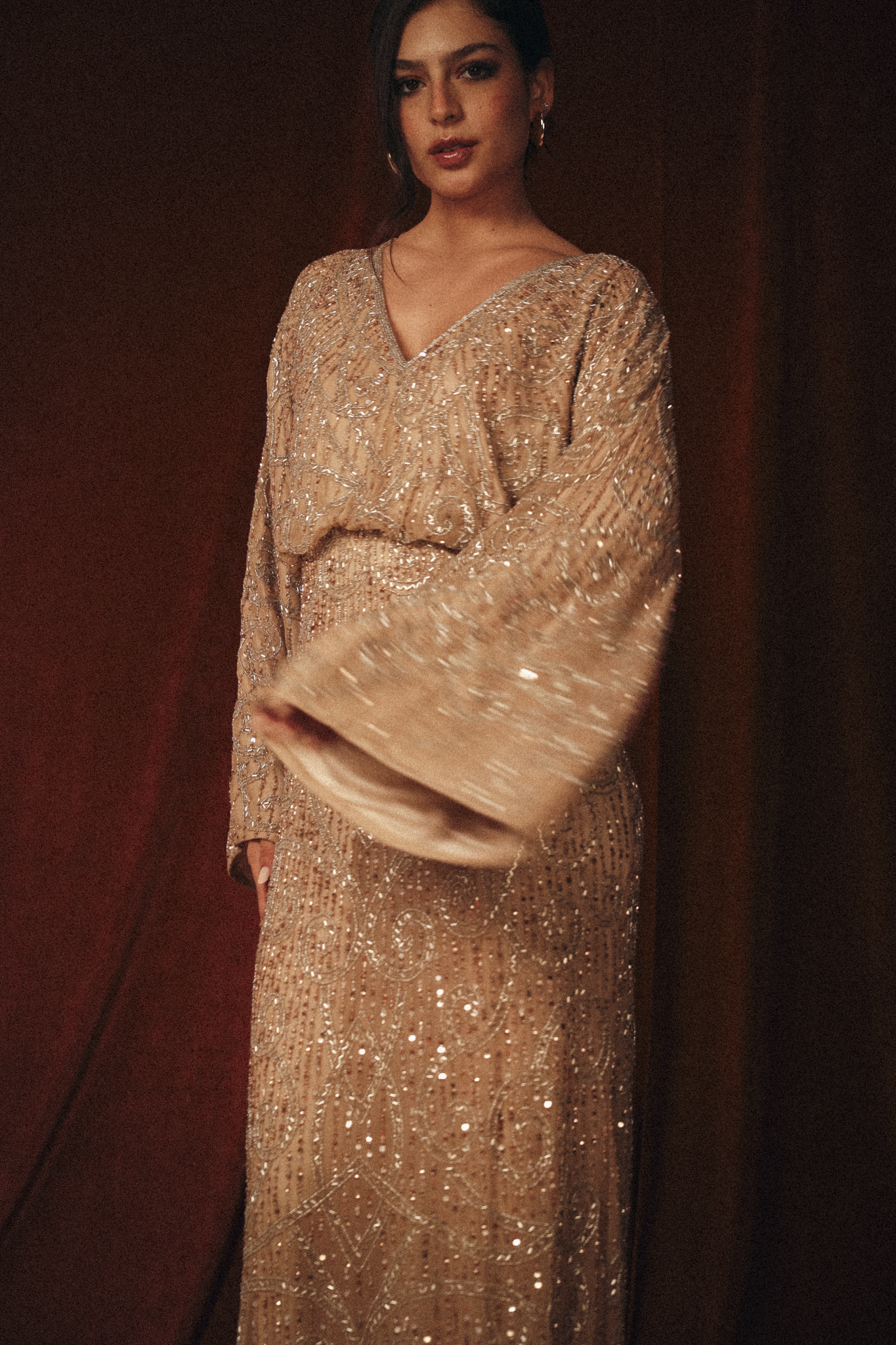 Modest V Neck Beaded Dress in Beige