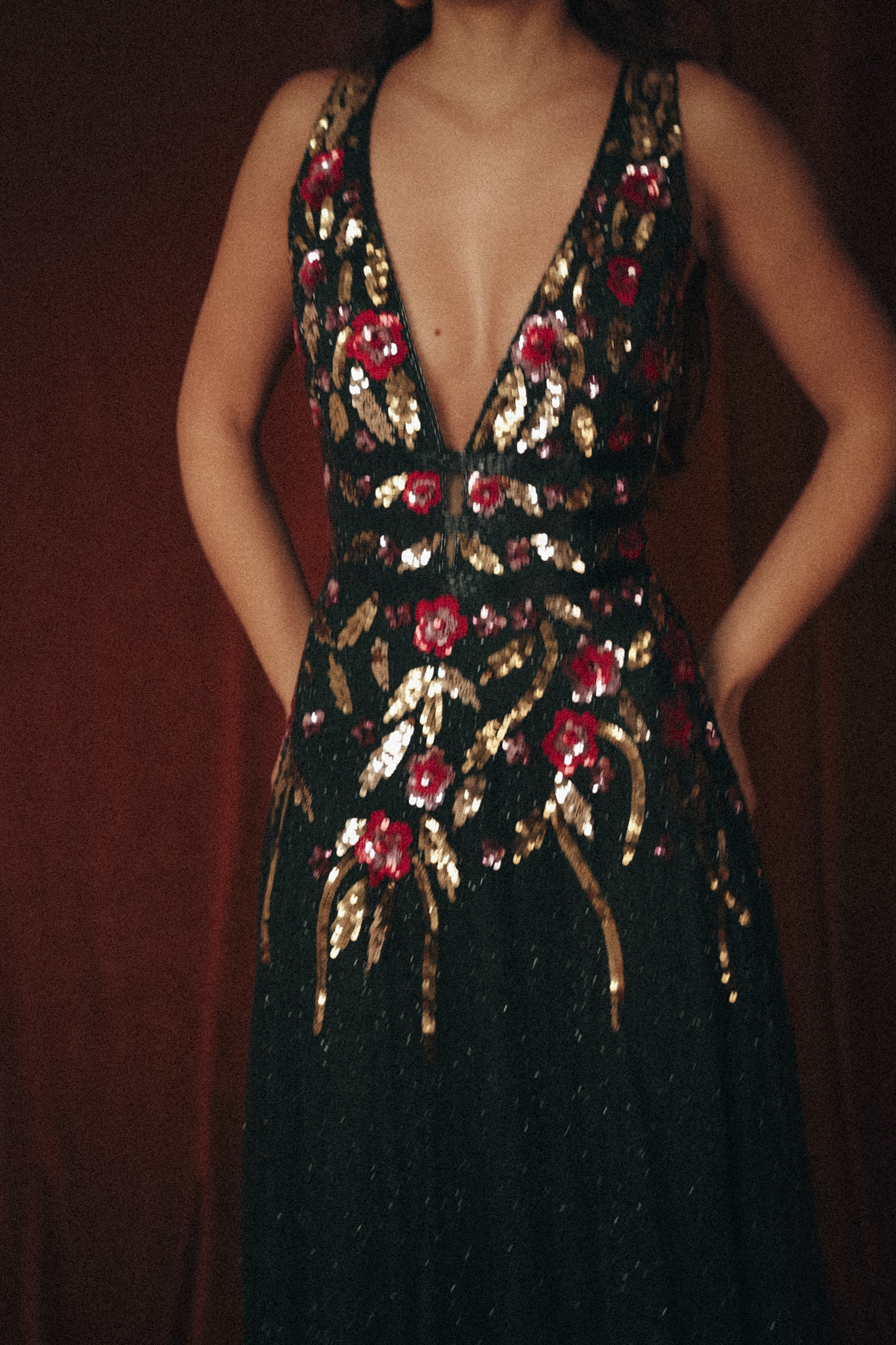 Long Beaded Garden Dress in Dark Green