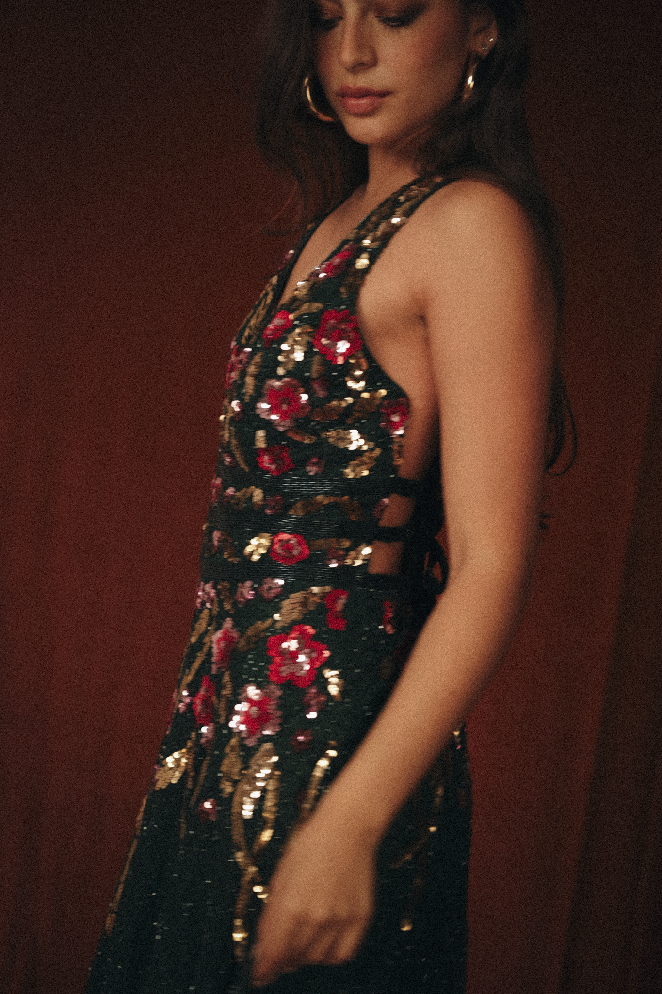 Long Beaded Garden Dress in Dark Green