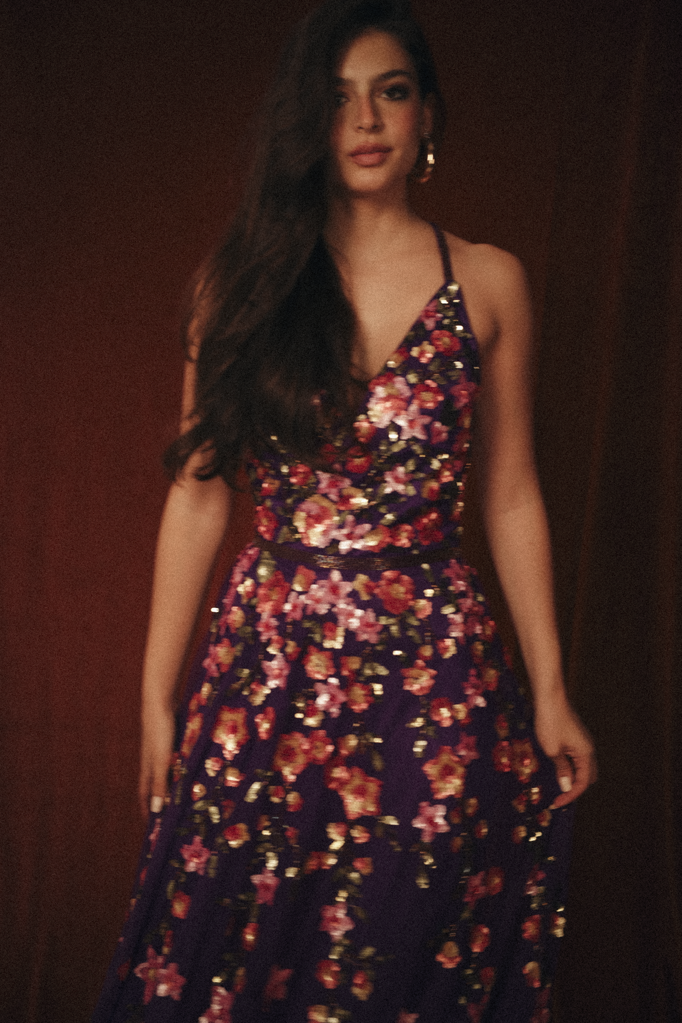 Long Beaded Garden Dress in Blue