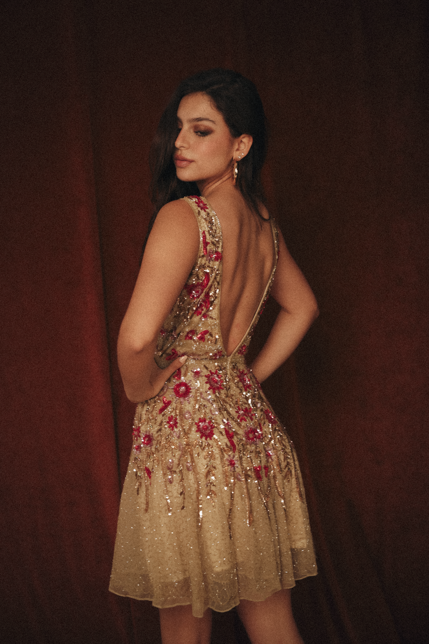 Short beaded Garden Dress in beige gold