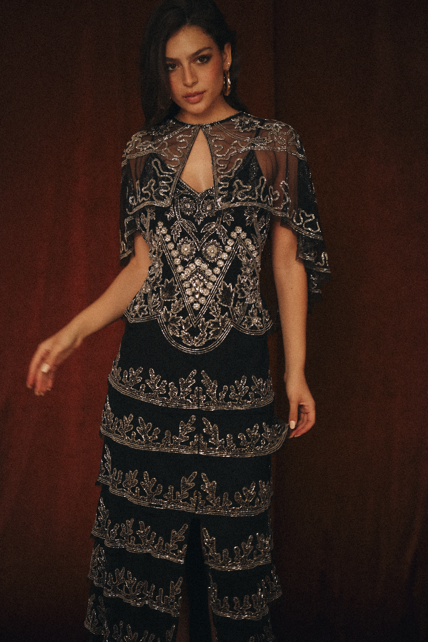 Long Beaded Dress with mini cape in black & silver