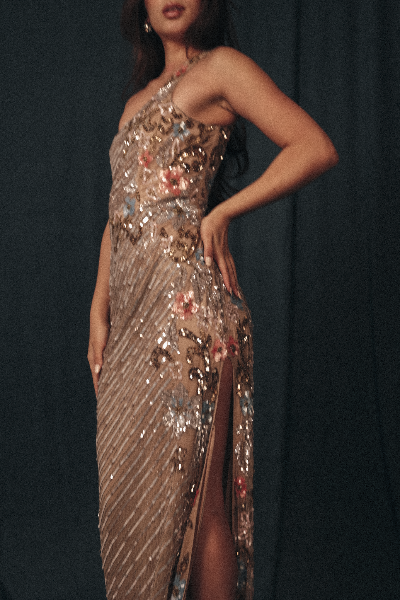 Beaded one shoulder strappy dress in Silver Beige