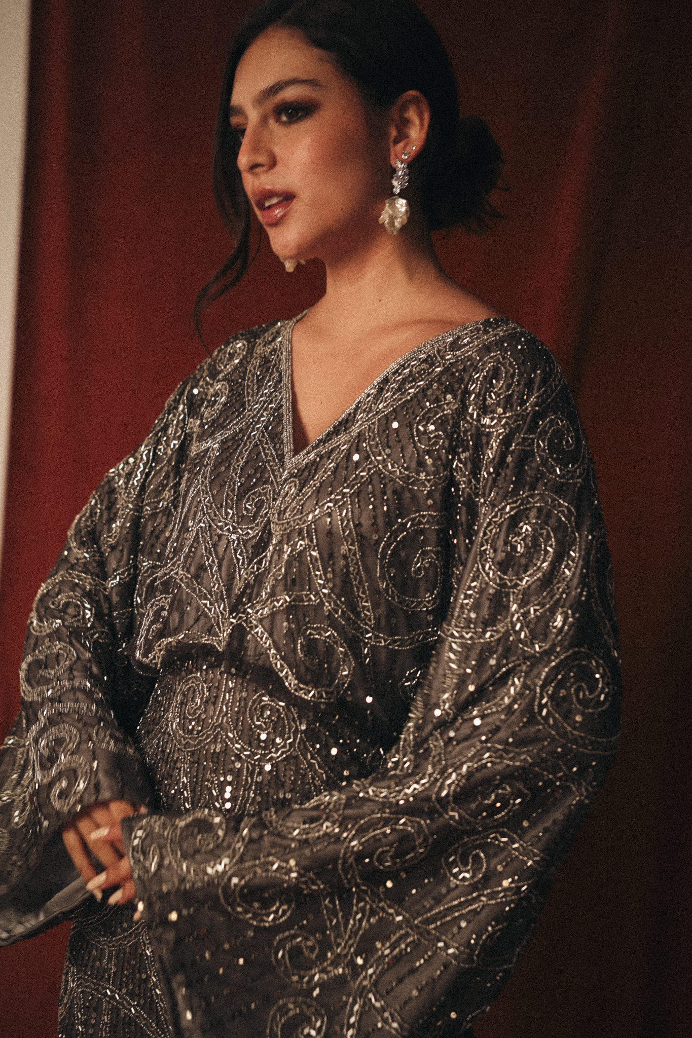 Modest V Neck Beaded Dress in Silver Grey