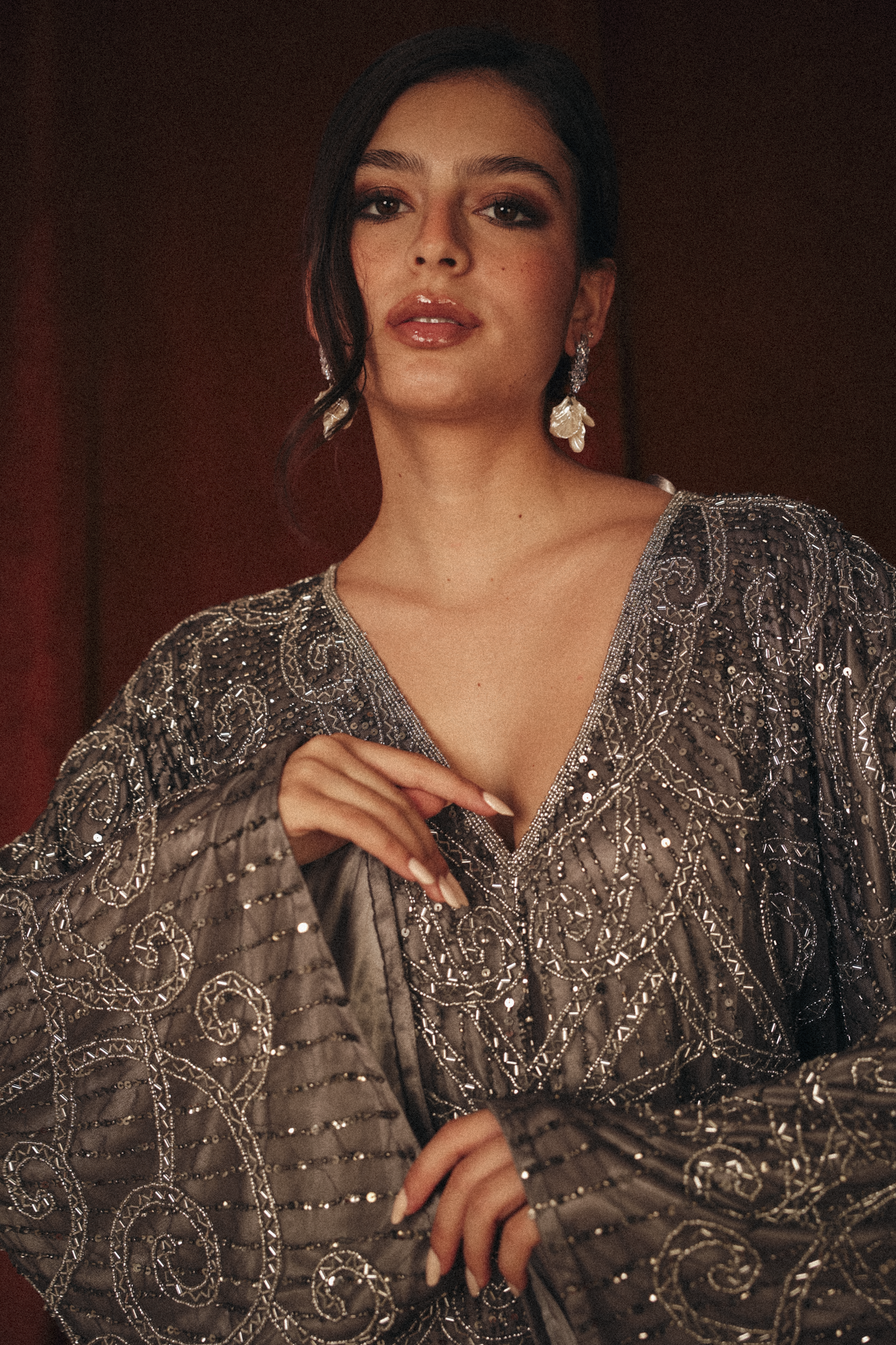 Modest V Neck Beaded Dress in Silver Grey