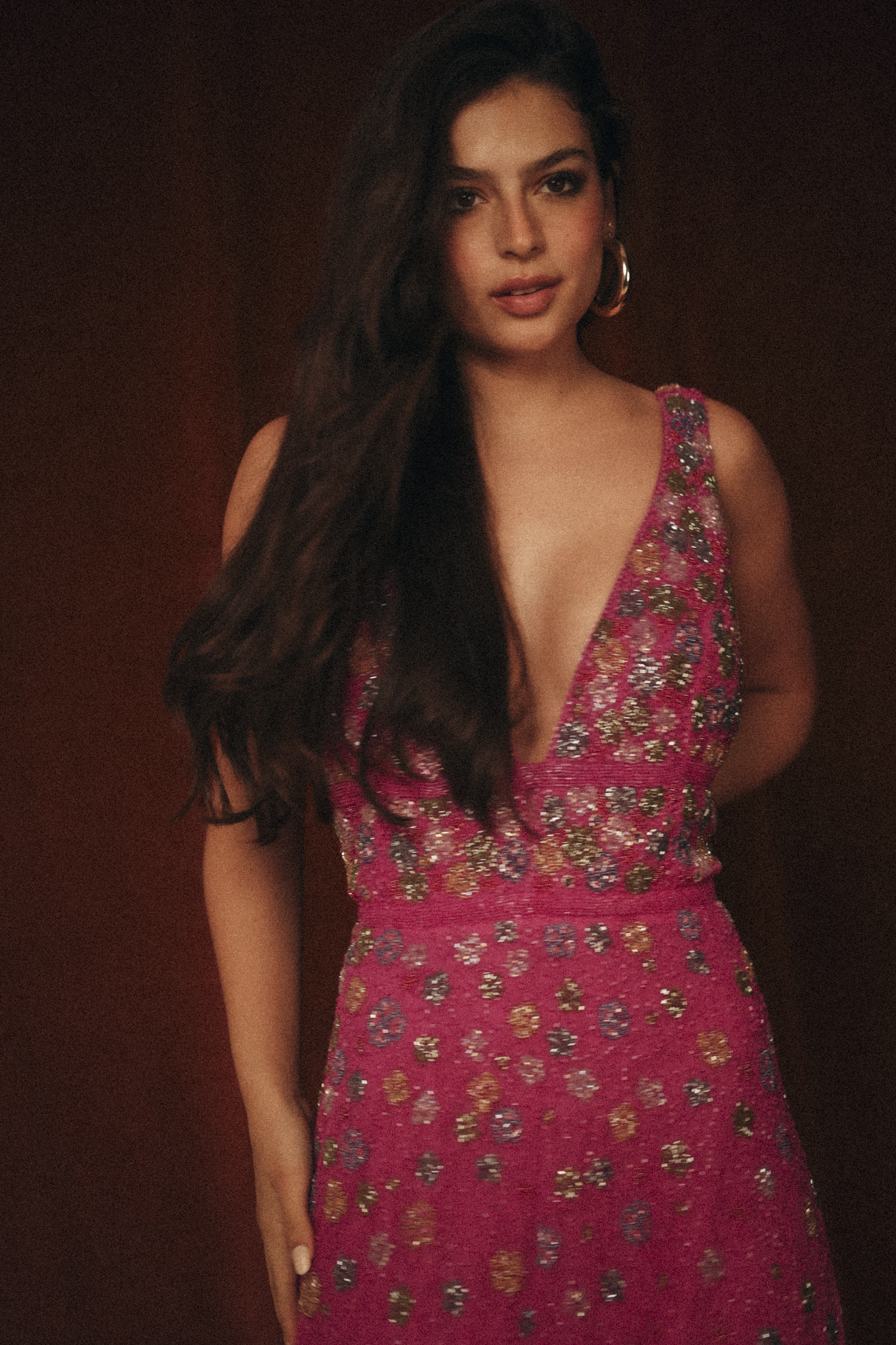 Long Beaded Garden Dress in Hot Pink