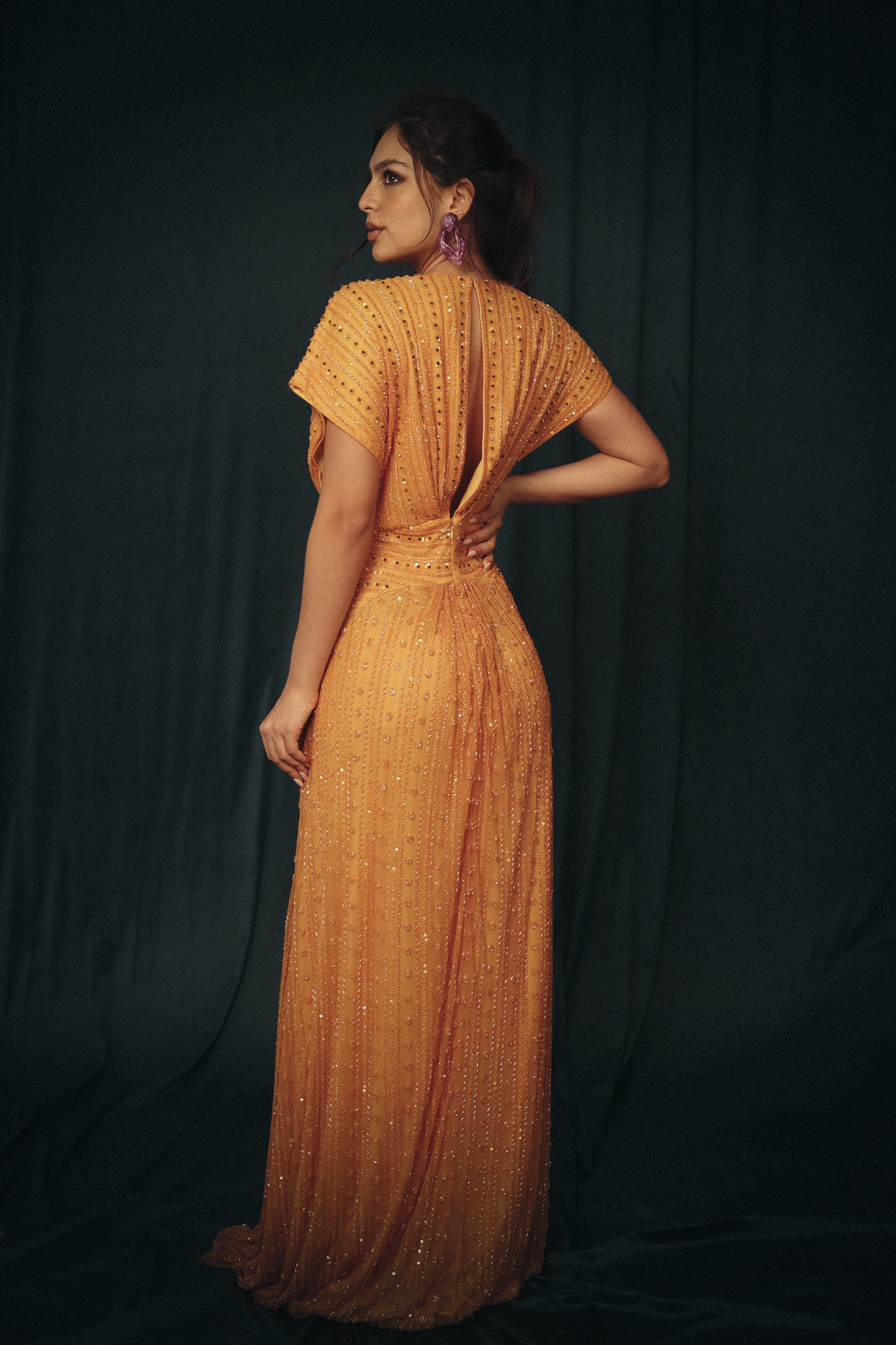 Beaded Cut out dress in Mango Yellow