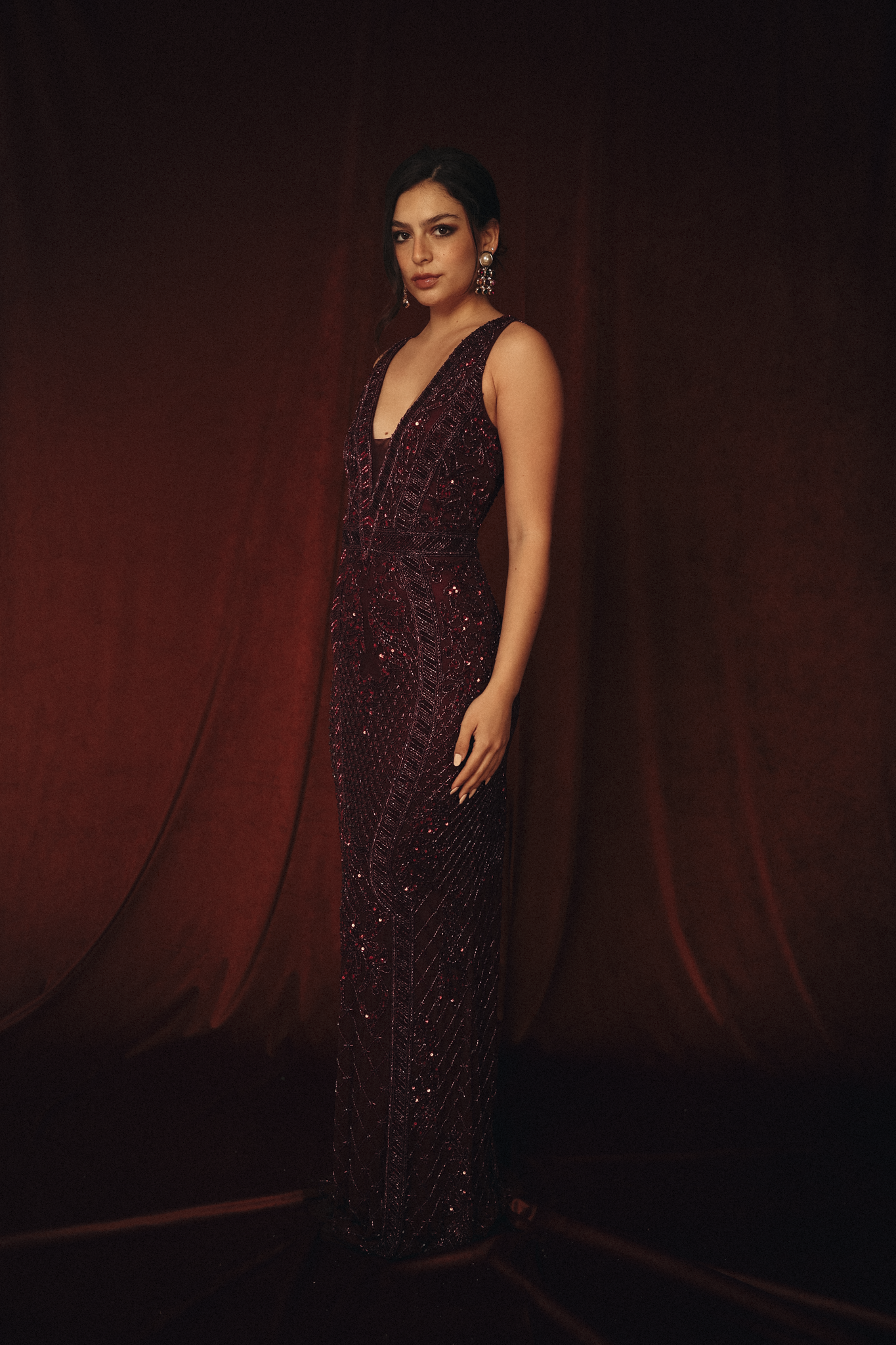 Beaded Long Dress in Burgundy