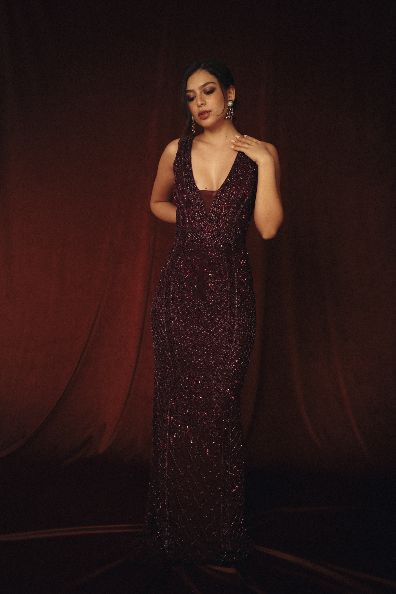 Beaded Long Dress in Burgundy