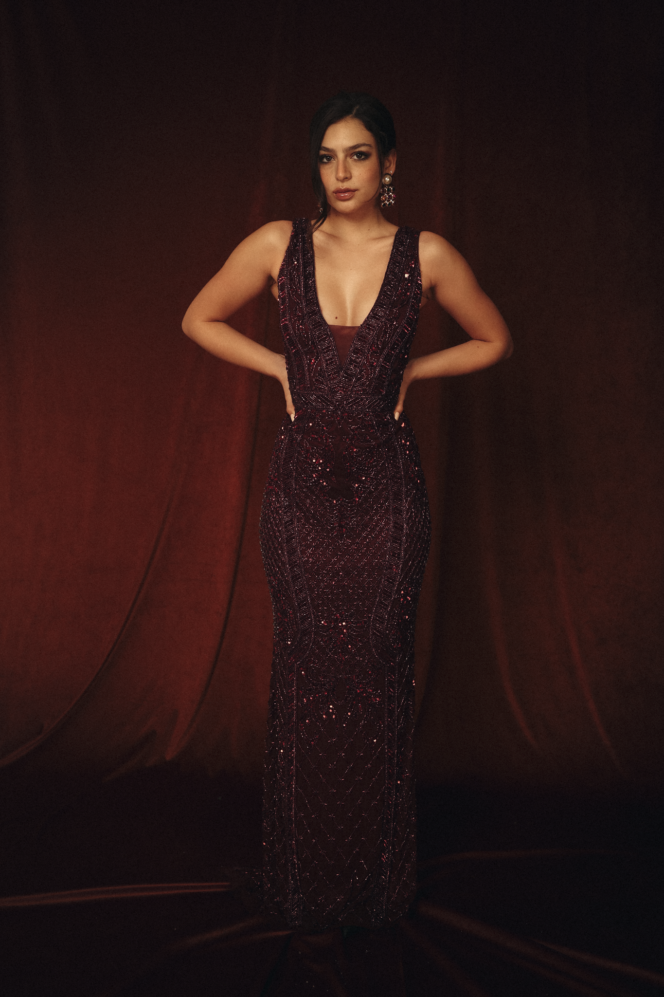 Beaded Long Dress in Burgundy