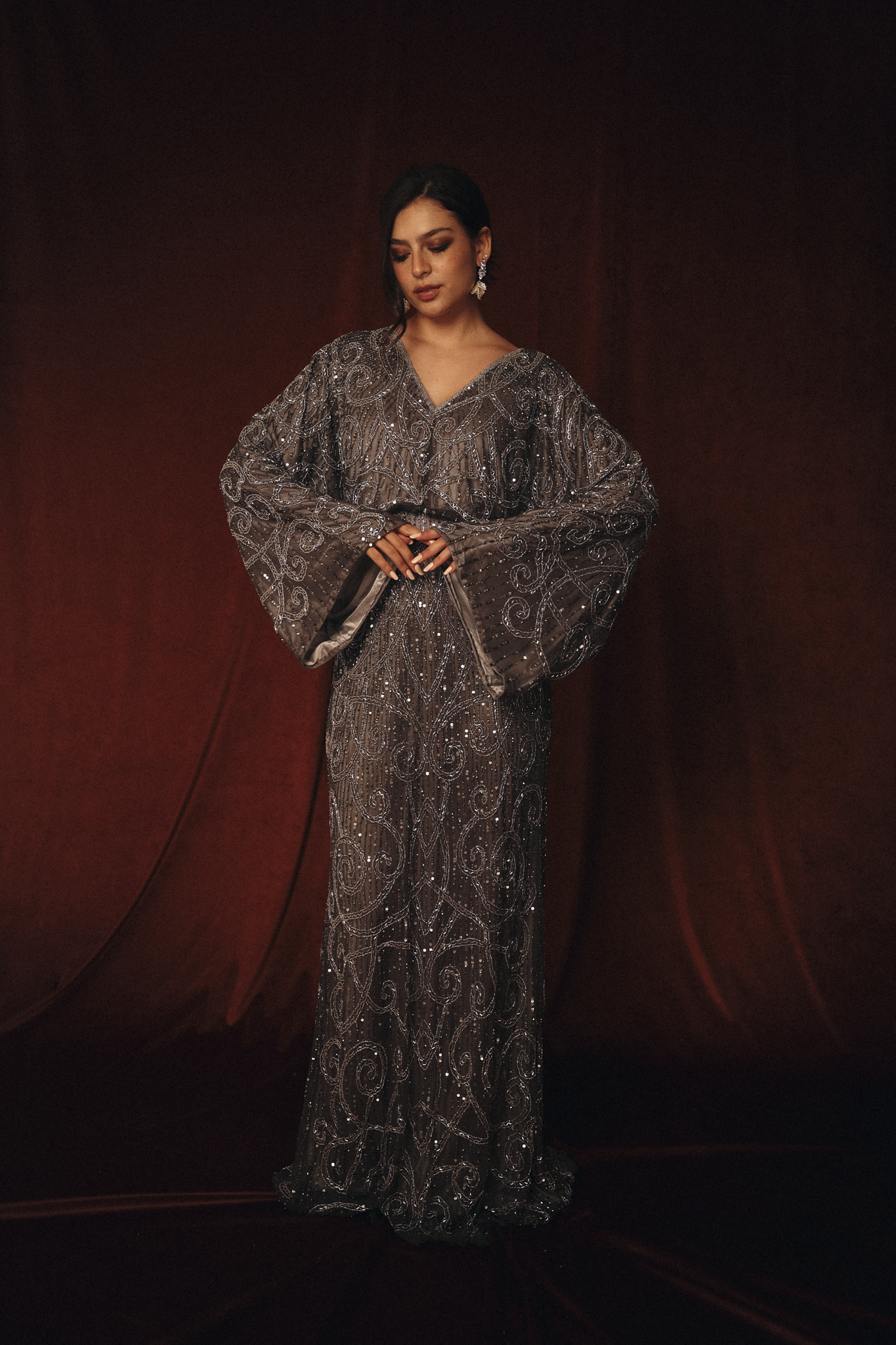 Modest V Neck Beaded Dress in Silver Grey