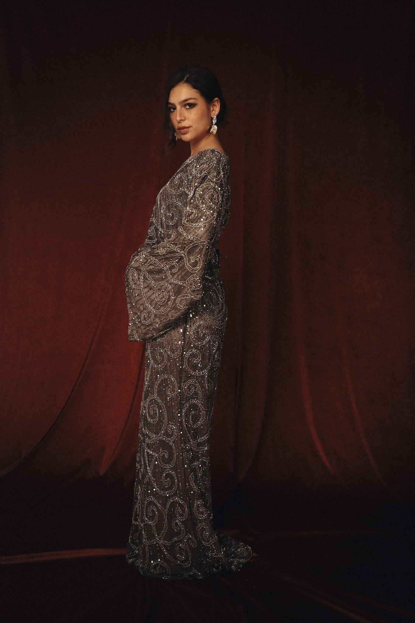 Modest V Neck Beaded Dress in Silver Grey