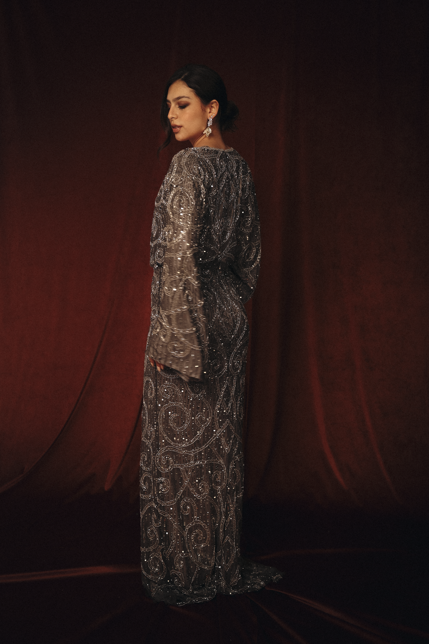 Modest V Neck Beaded Dress in Silver Grey