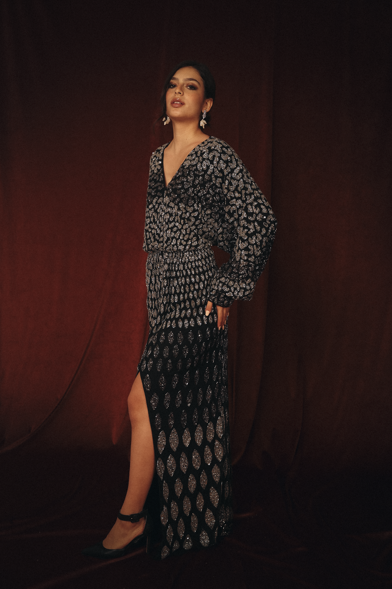 Modest Beaded Leaves Long Dress in Black