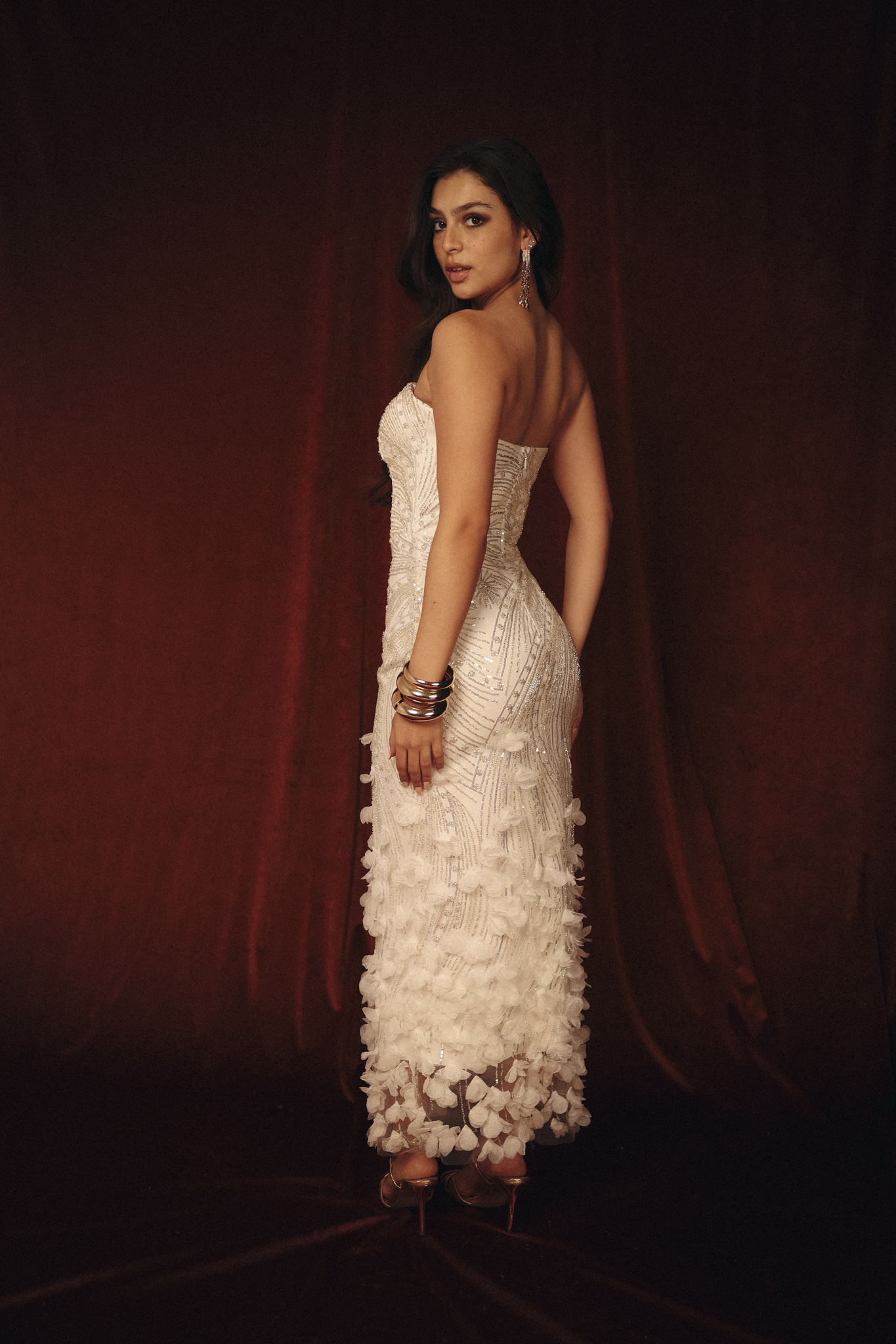 Beaded tube dress with flower petals in white