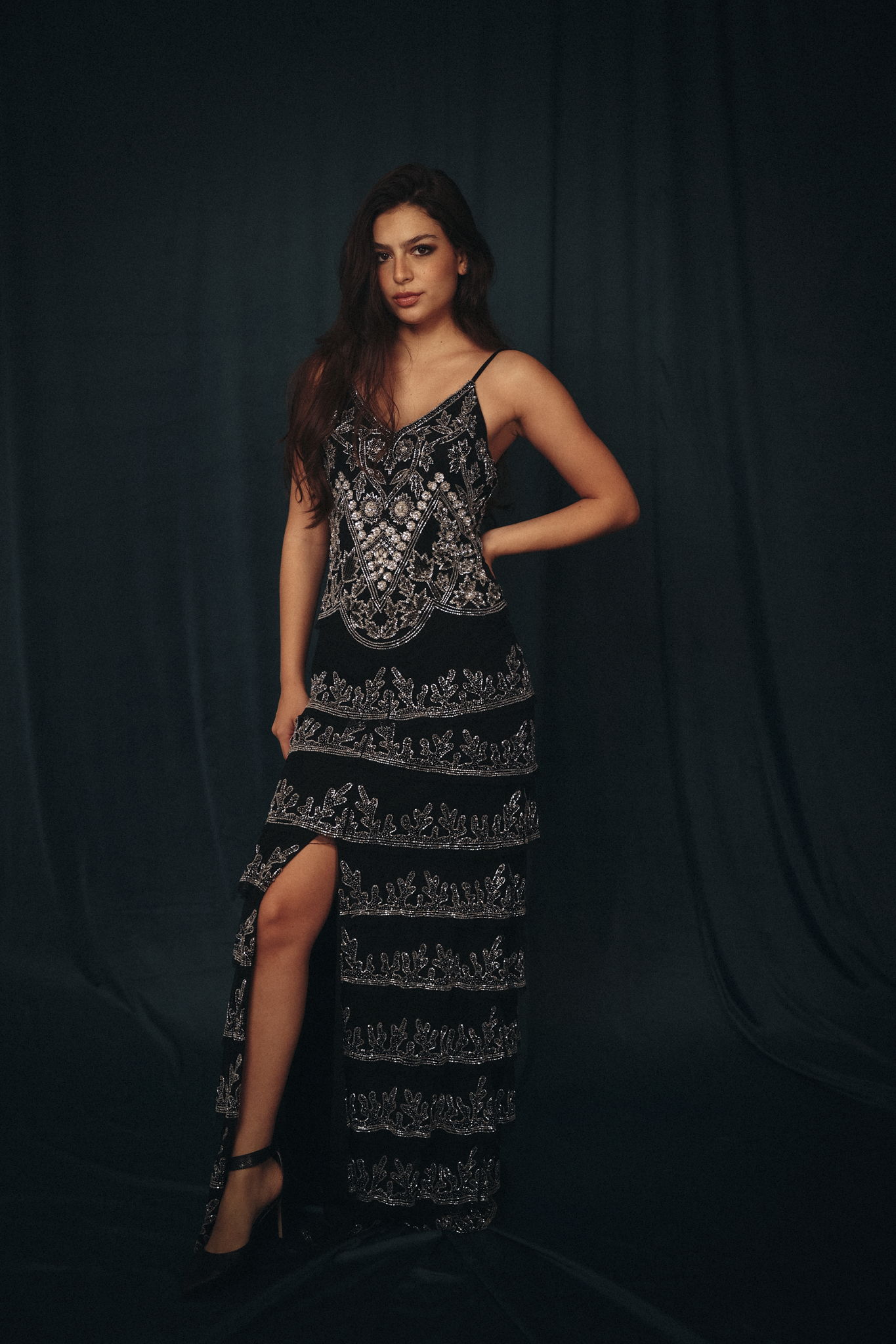 Long Beaded Dress with mini cape in black & silver