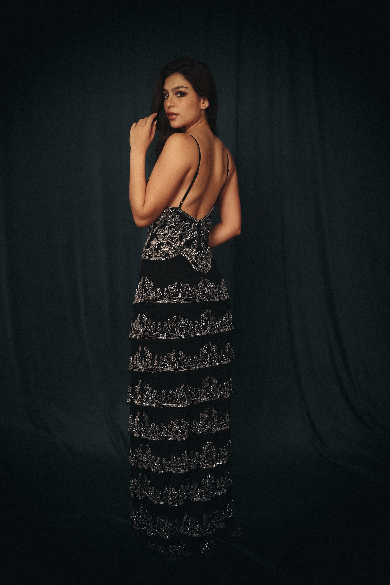 Long Beaded Dress with mini cape in black & silver