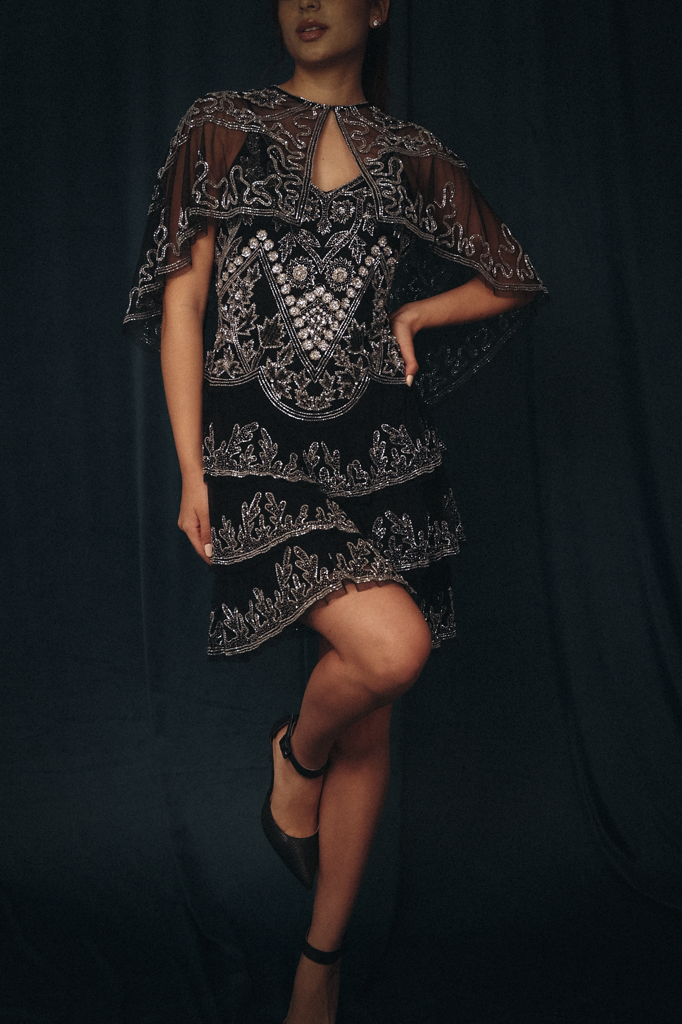Short Beaded Dress with mini cape in black & silver