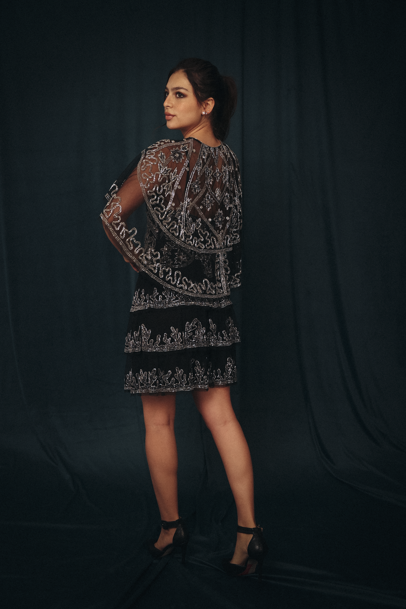 Short Beaded Dress with mini cape in black & silver