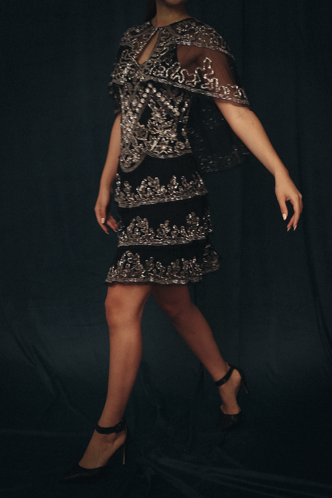 Short Beaded Dress with mini cape in black & silver