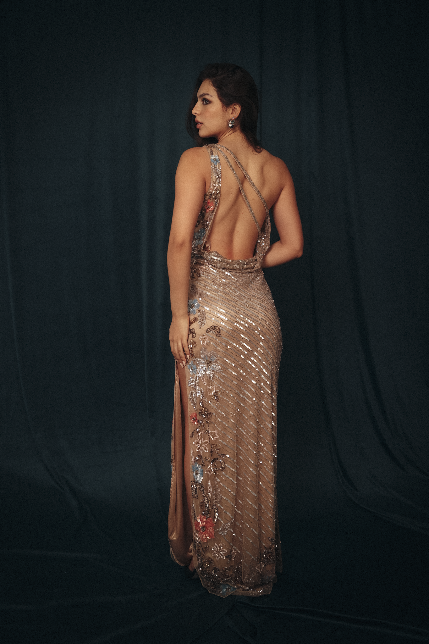 Beaded one shoulder strappy dress in Silver Beige