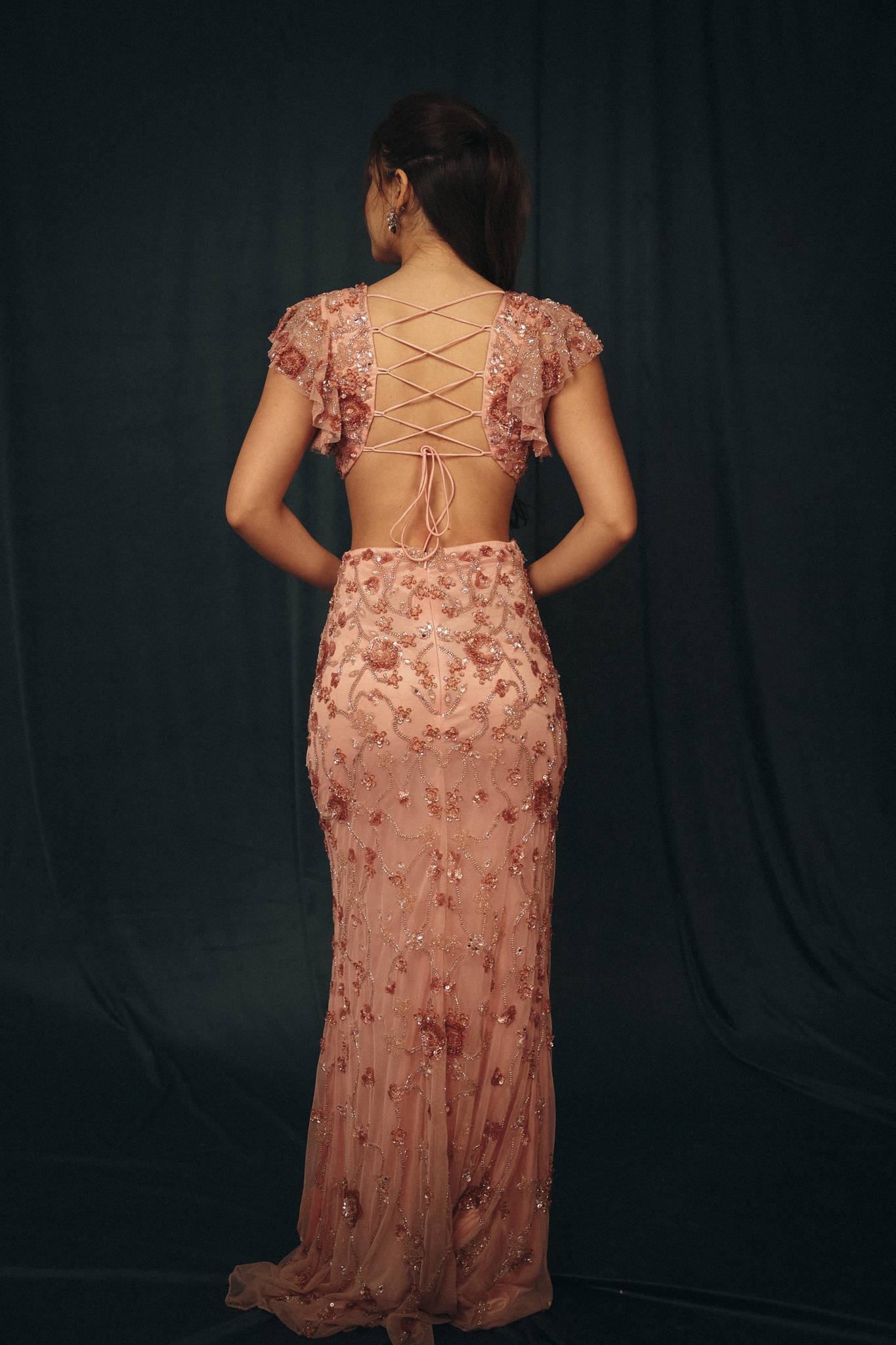 Beaded Cut out Ruffled Long Dress in Pink