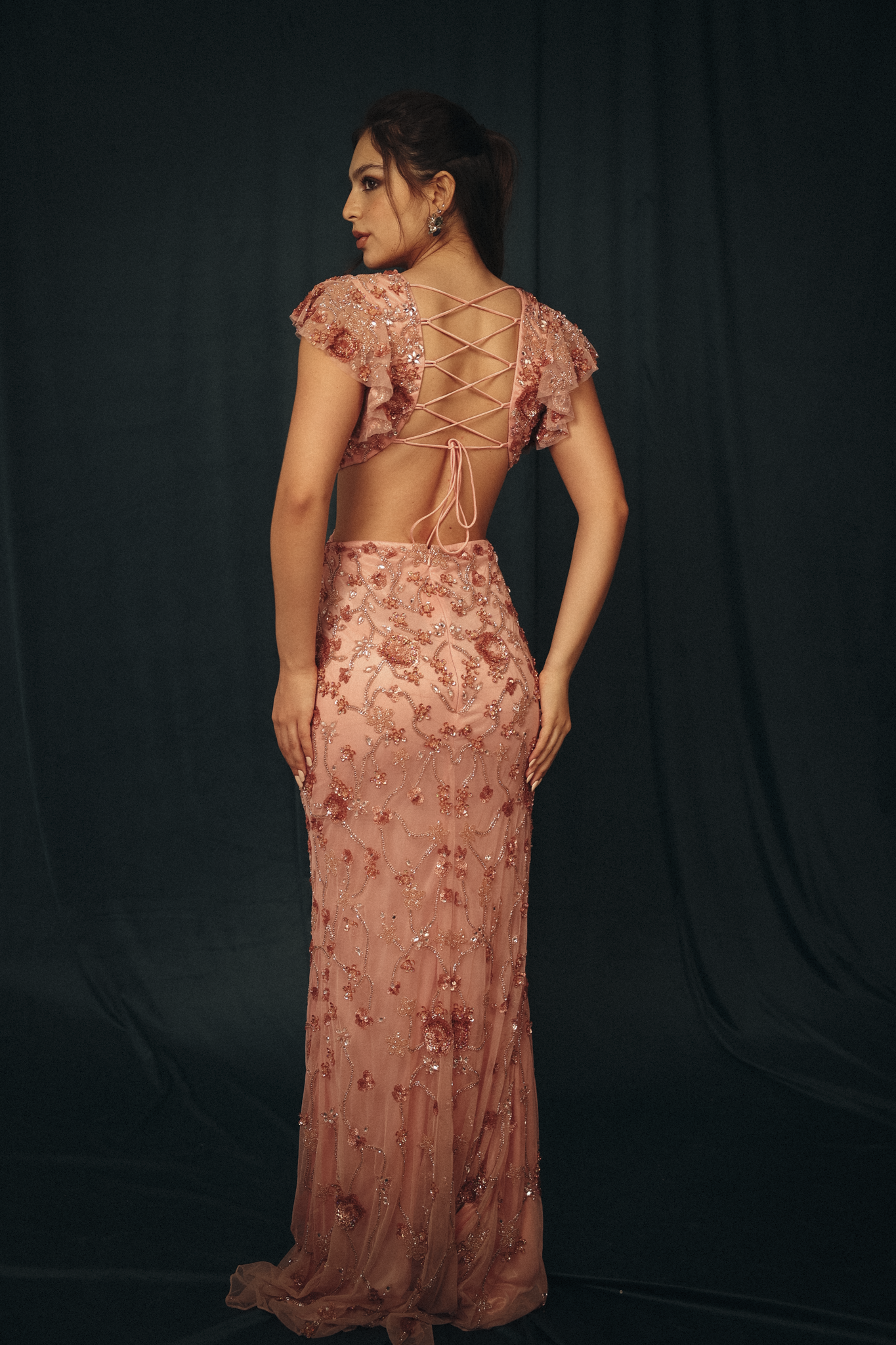 Beaded Cut out Ruffled Long Dress in Pink