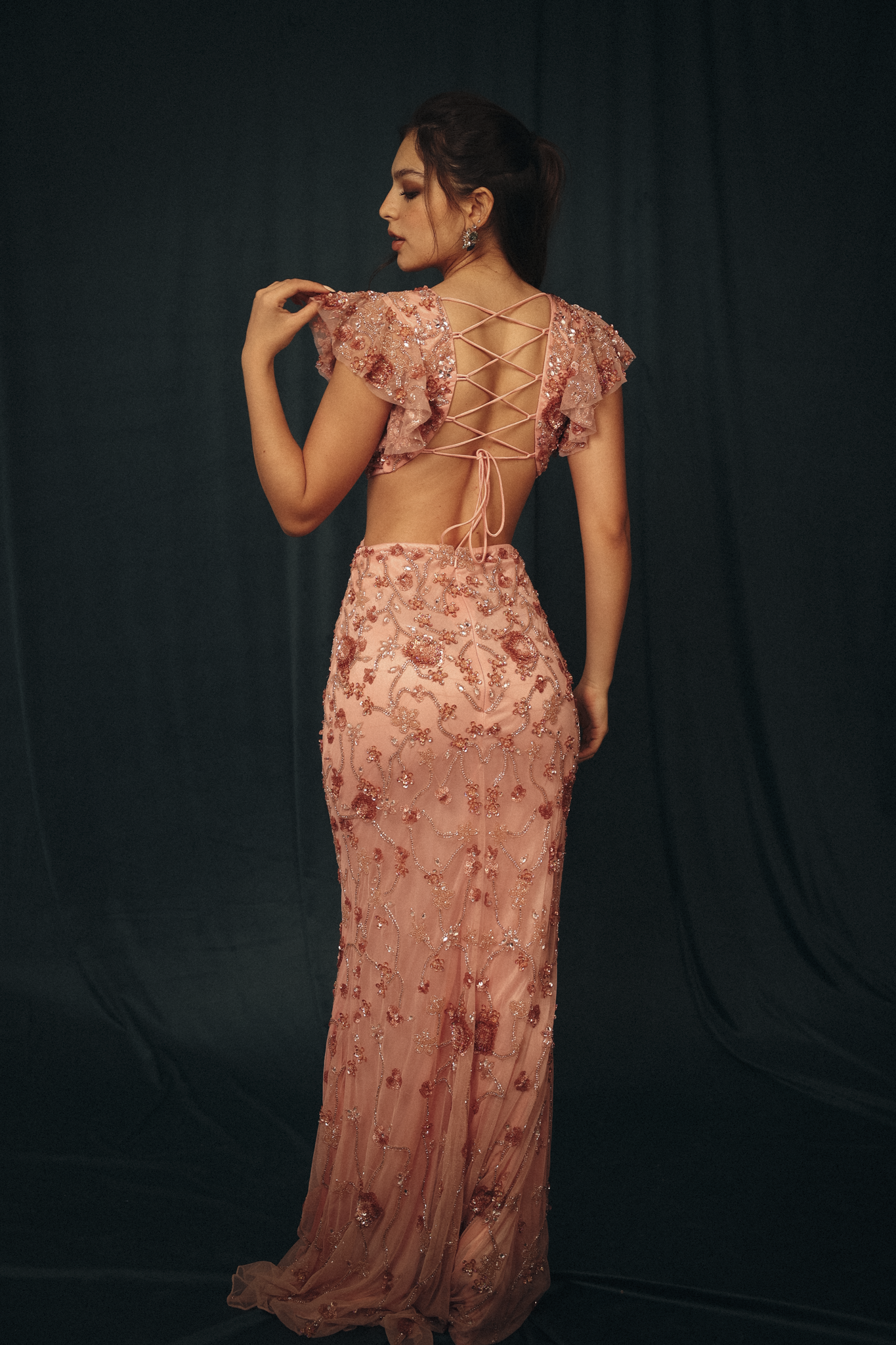Beaded Cut out Ruffled Long Dress in Pink