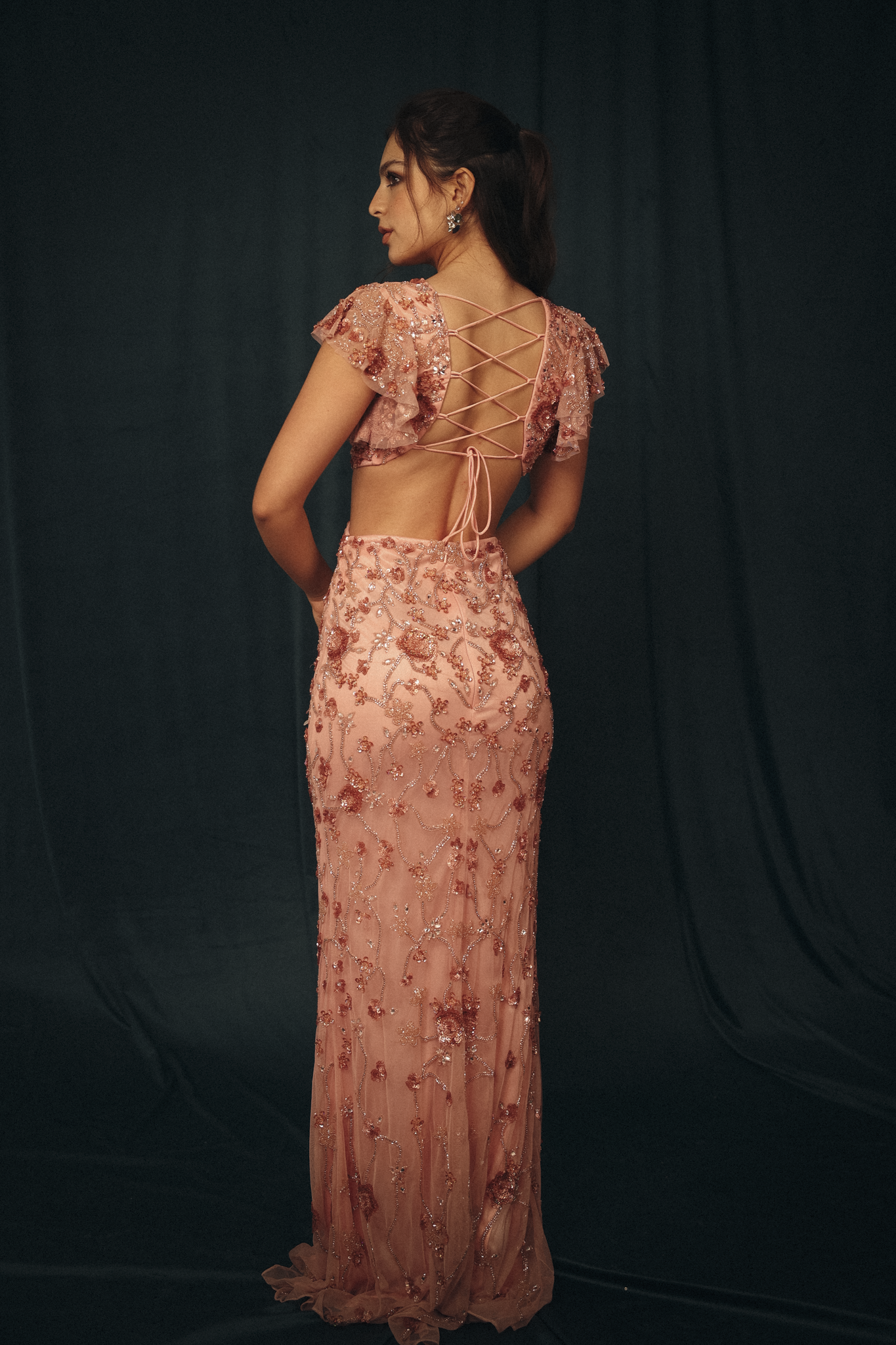 Beaded Cut out Ruffled Long Dress in Pink