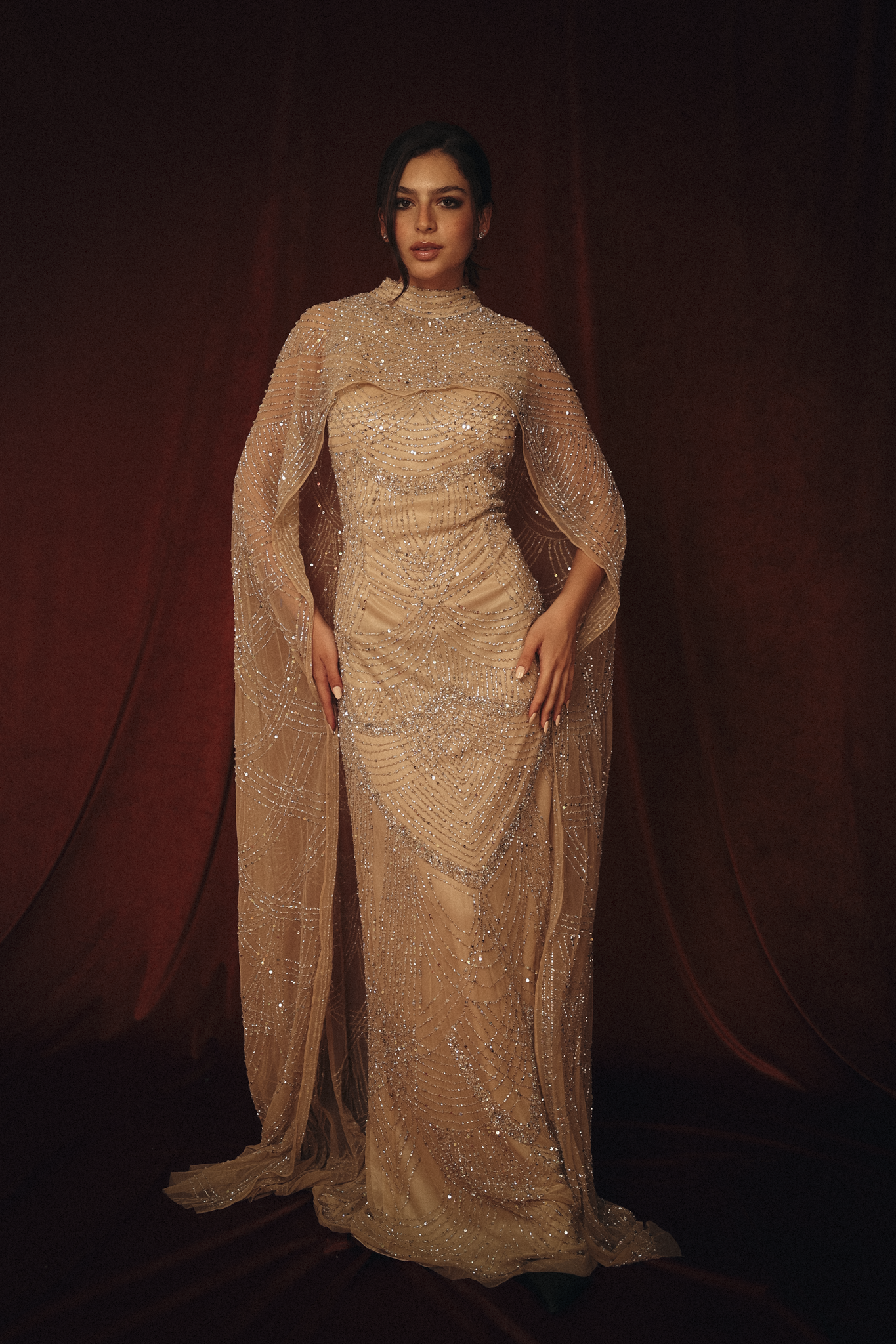 Beaded Long Dress with Cape in Silver Beige