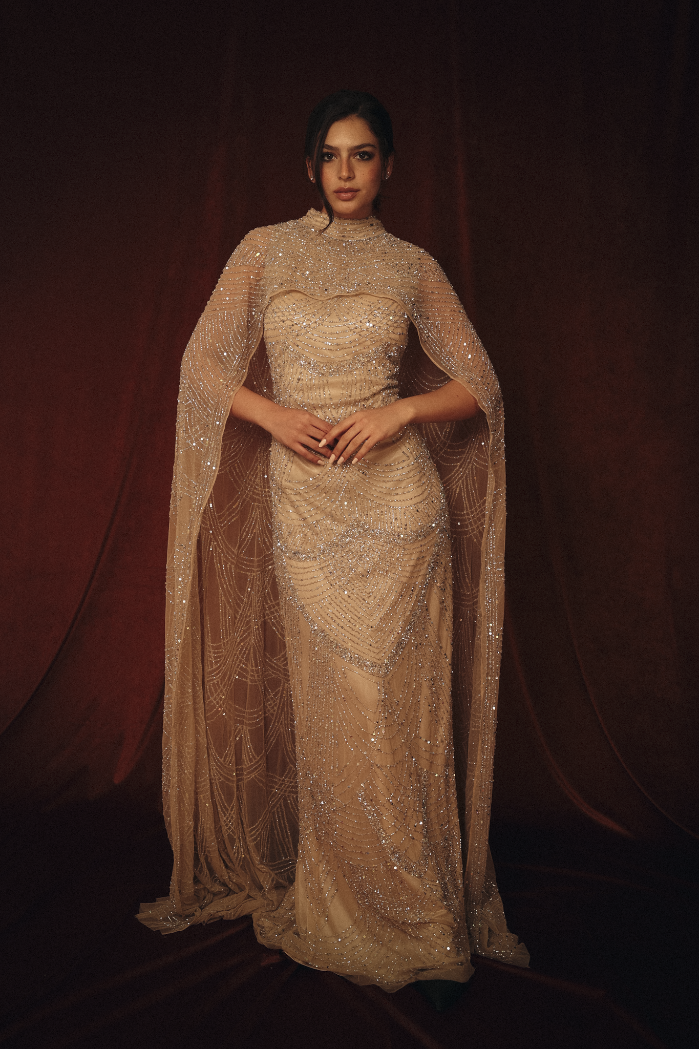 Beaded Long Dress with Cape in Silver Beige